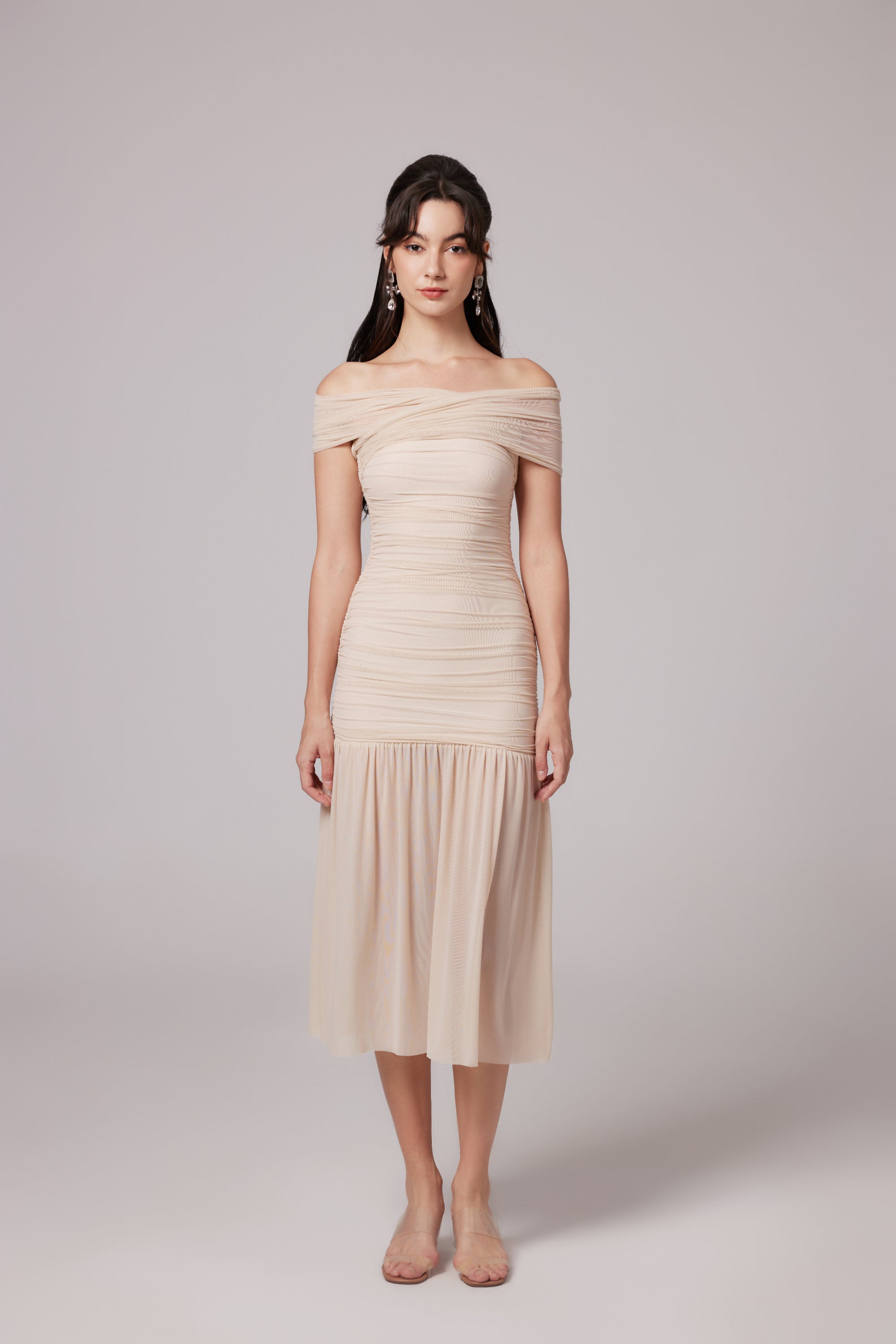 Rapunzel off-shoulder mesh midi dress