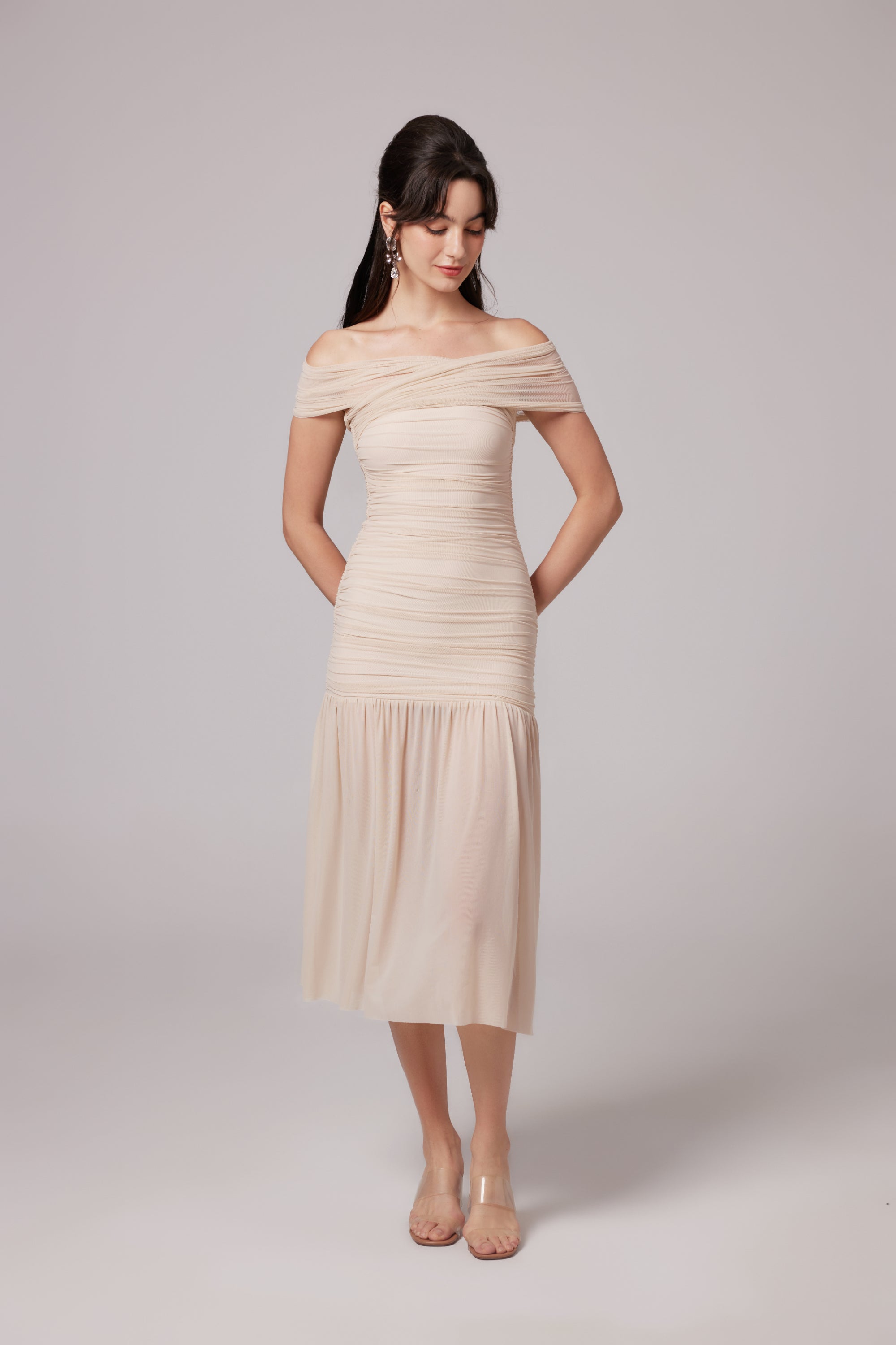 Rapunzel off-shoulder mesh midi dress