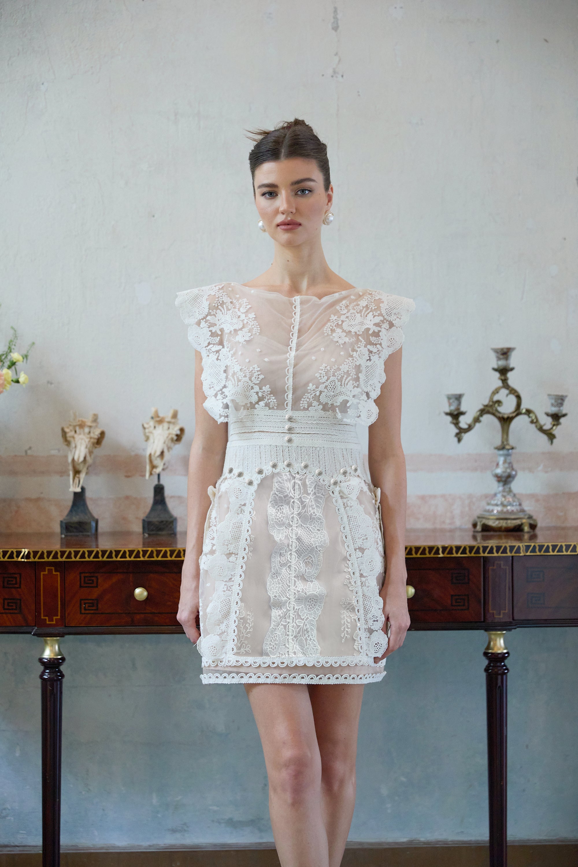 Maïa white floral-embroidered lace mini dress