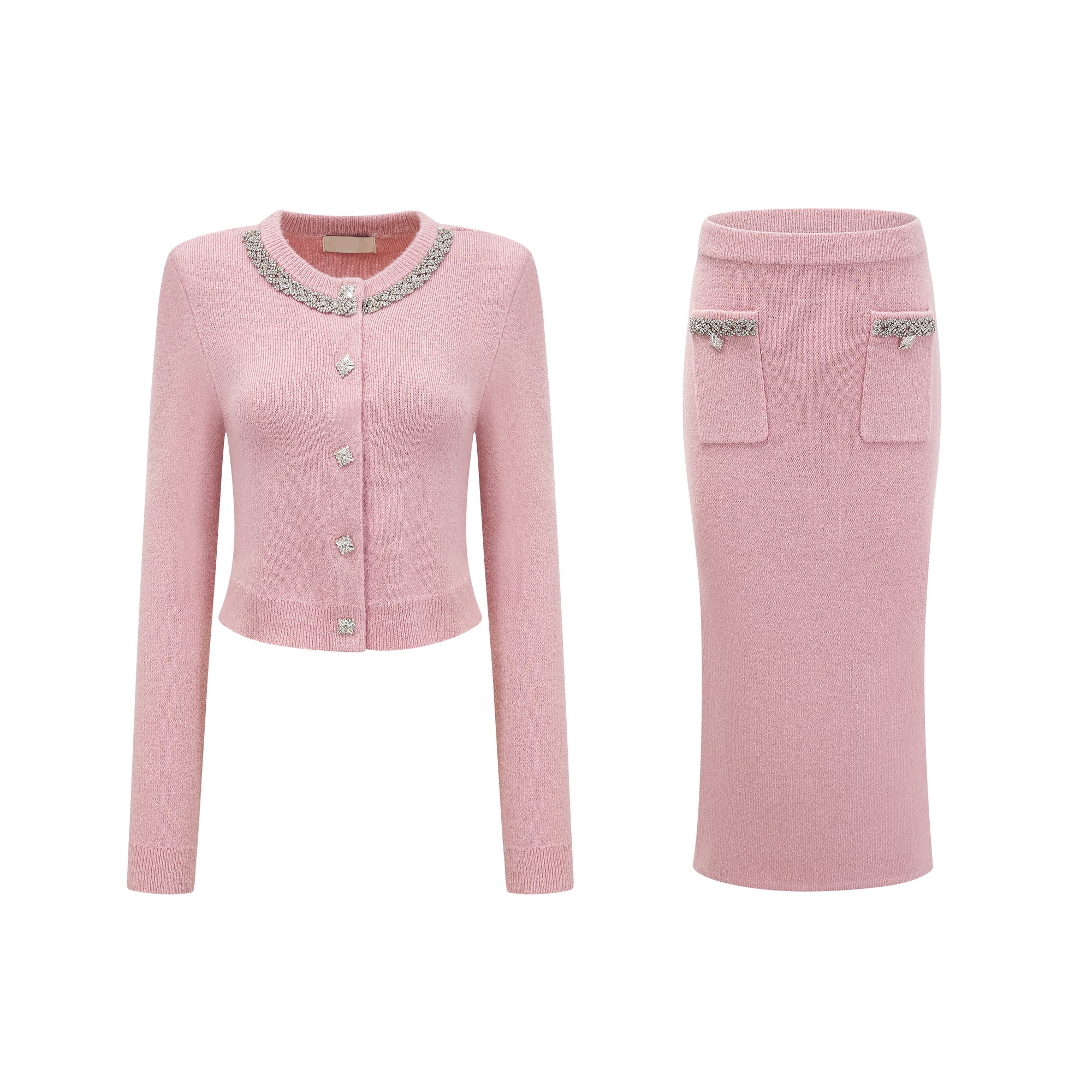 Passendes Set aus Jacke und Rock in Rosa von Renée mit Verzierung 