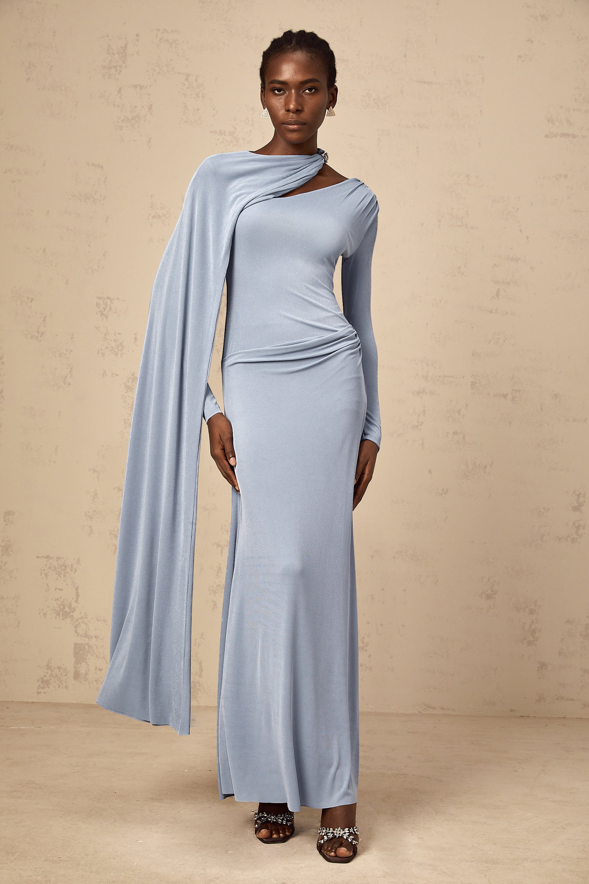 Josette Blue Diagonal Shawl Fitted Maxi Dress