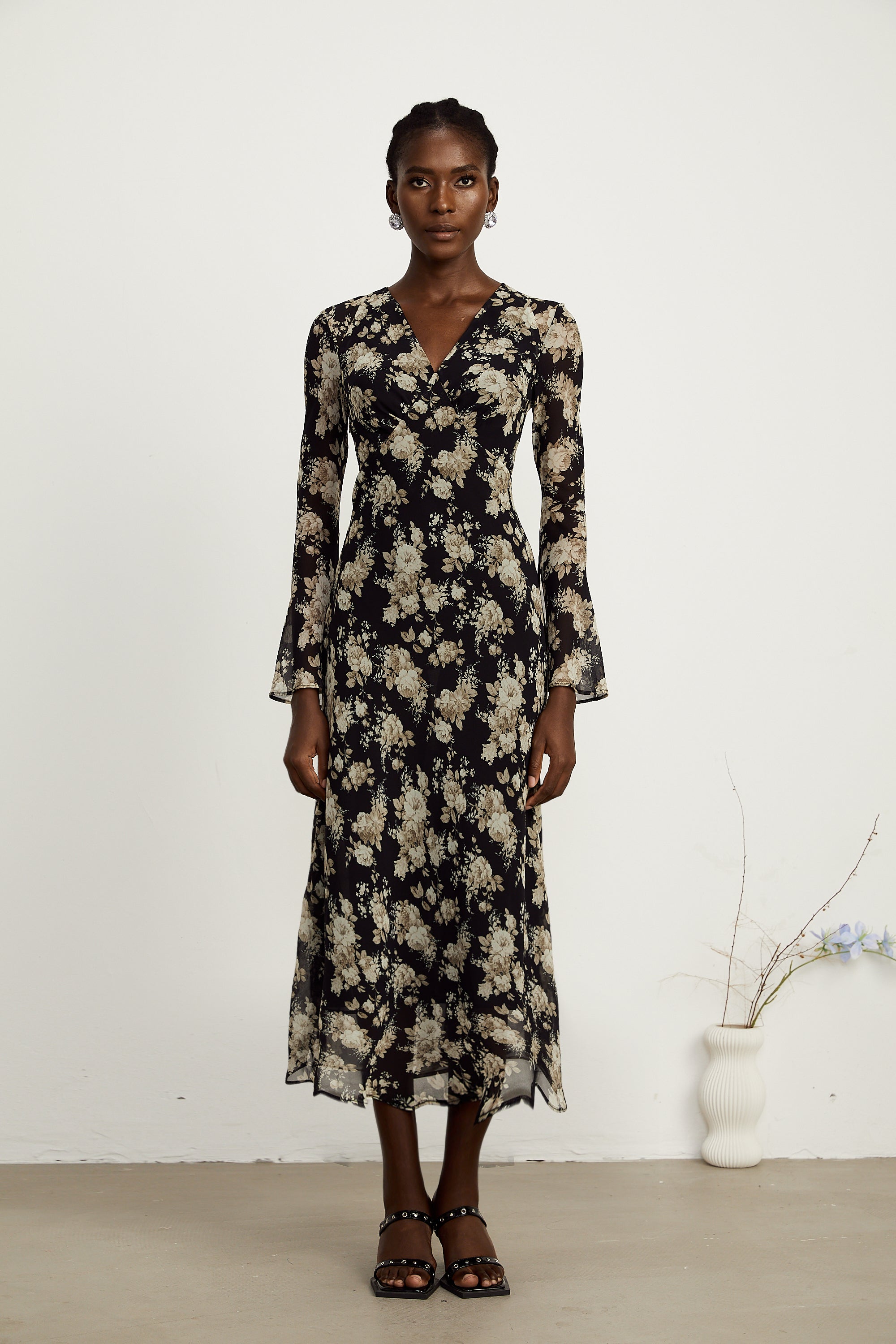 Hannah black floral-print flared midi dress