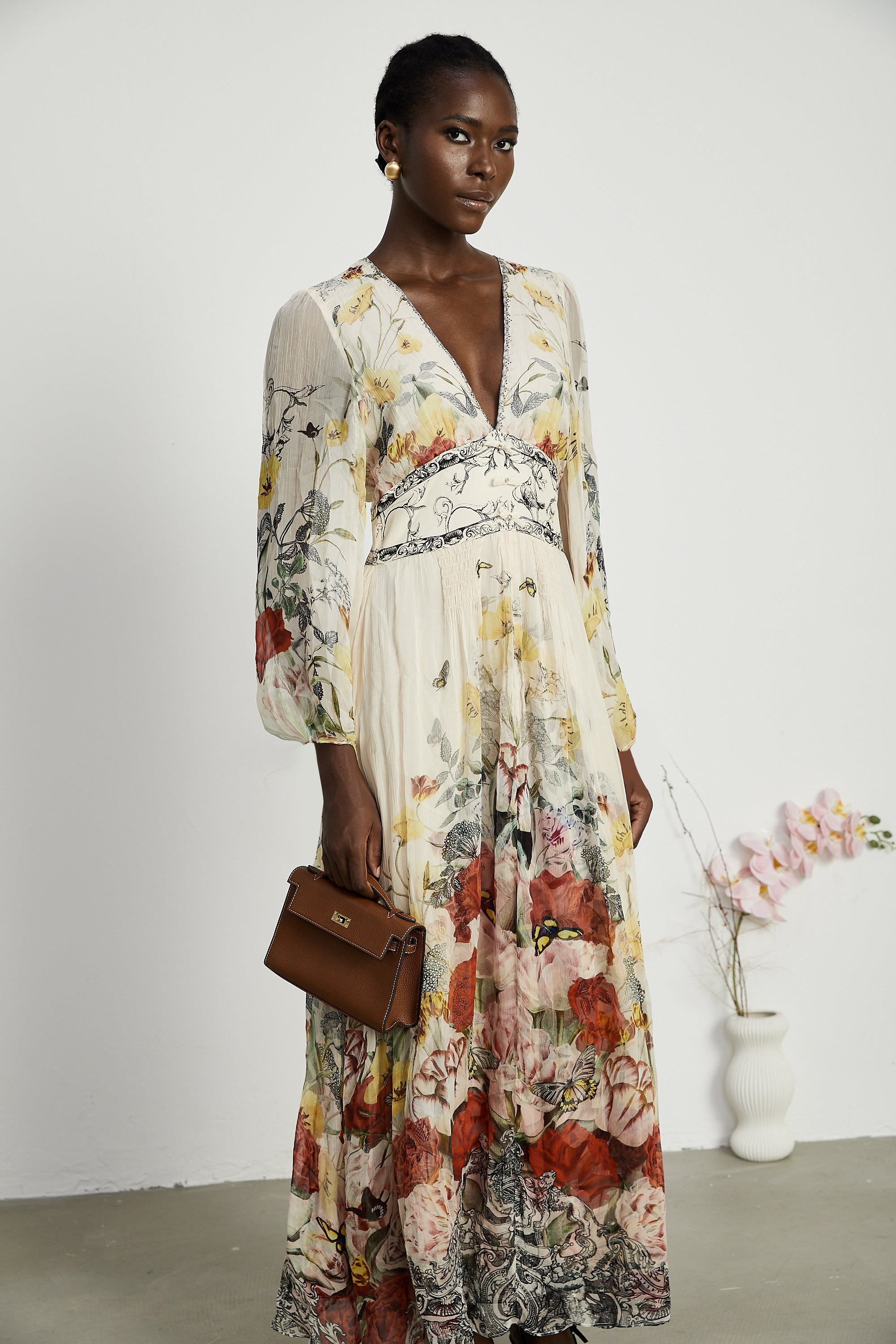 Cora elasticated-sleeve floral maxi dress