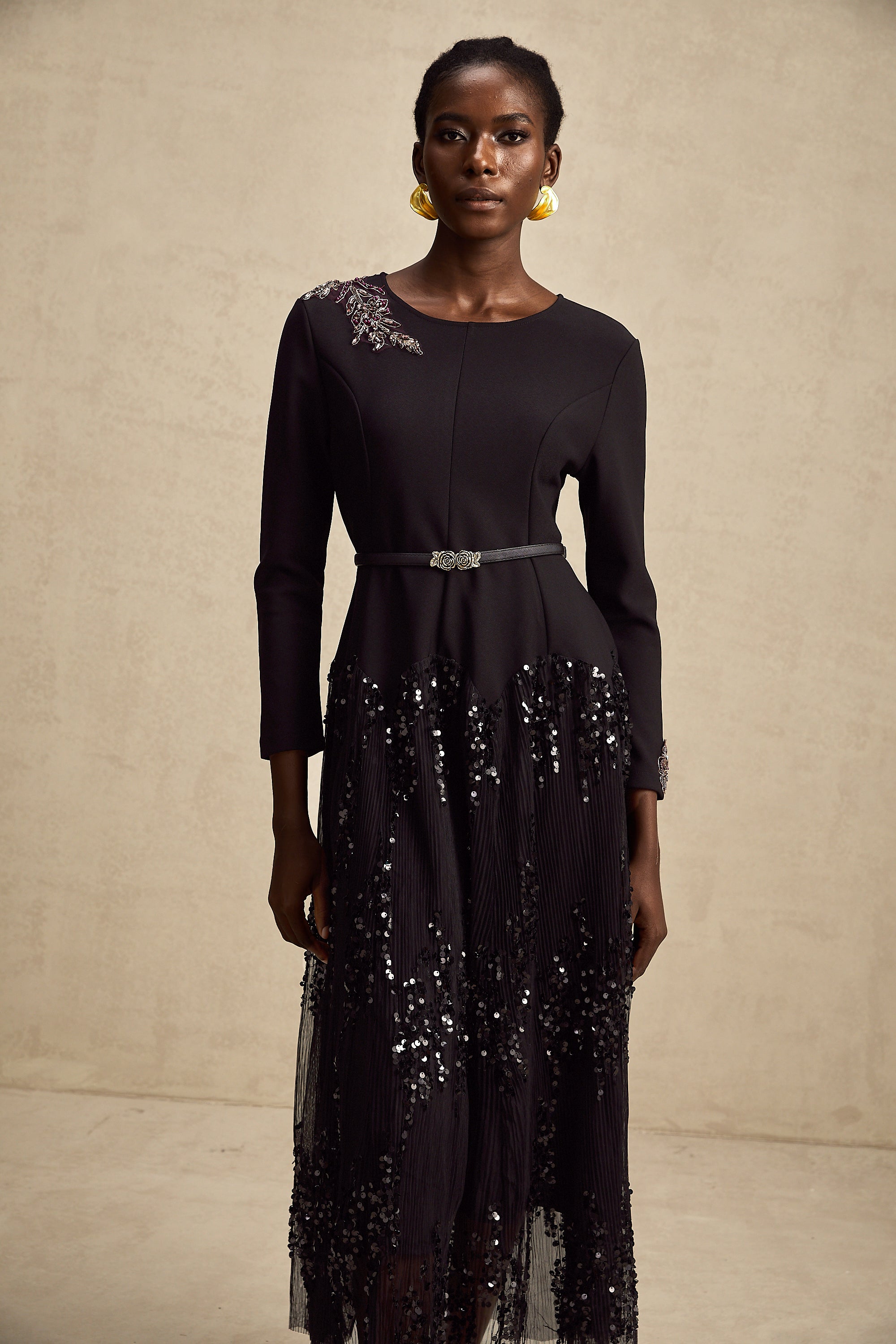 Carole black tulle-panel studded midi dress