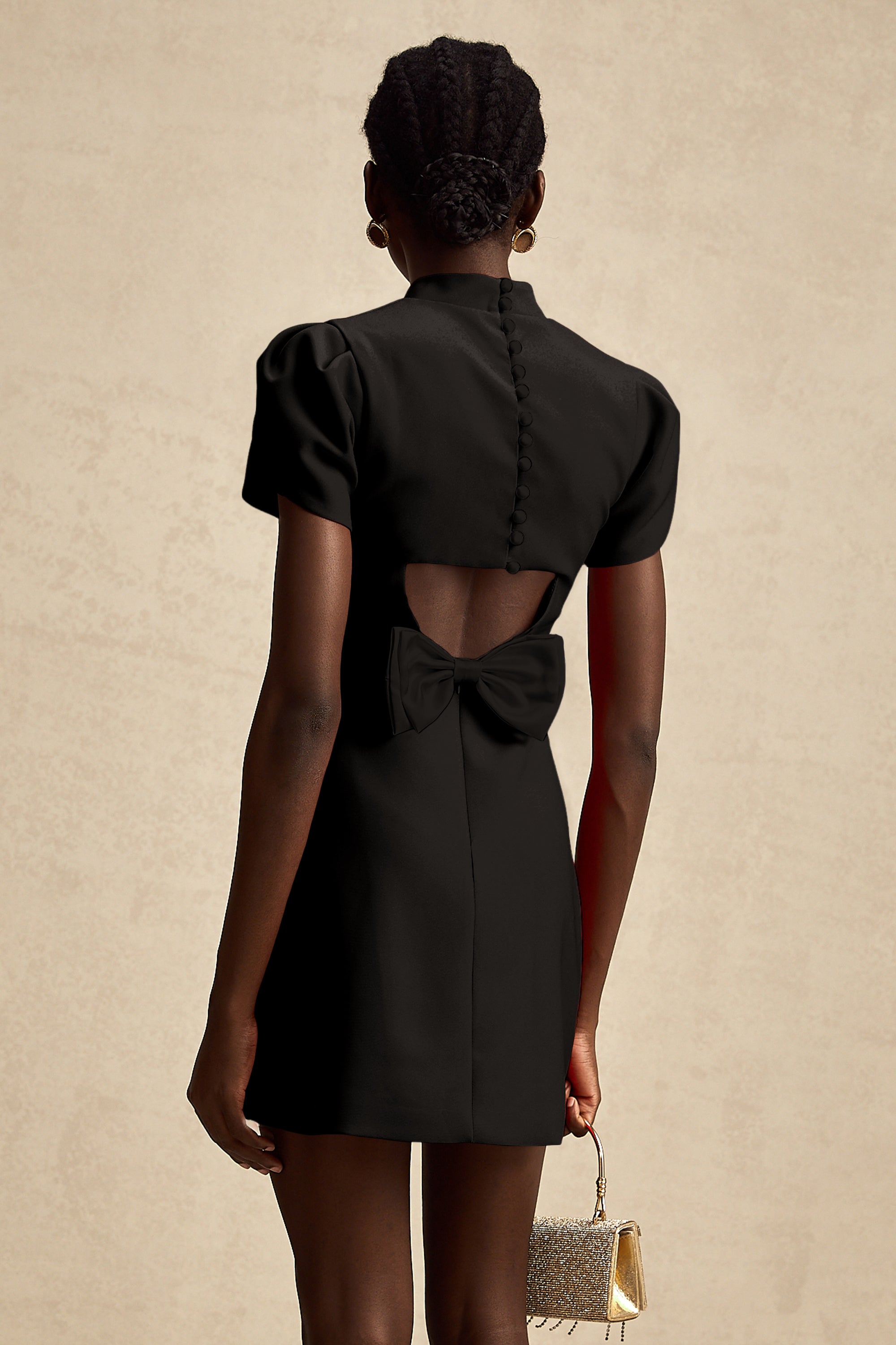 Anna Black Petal-Sleeve Cut-Out Bow Mini Dress