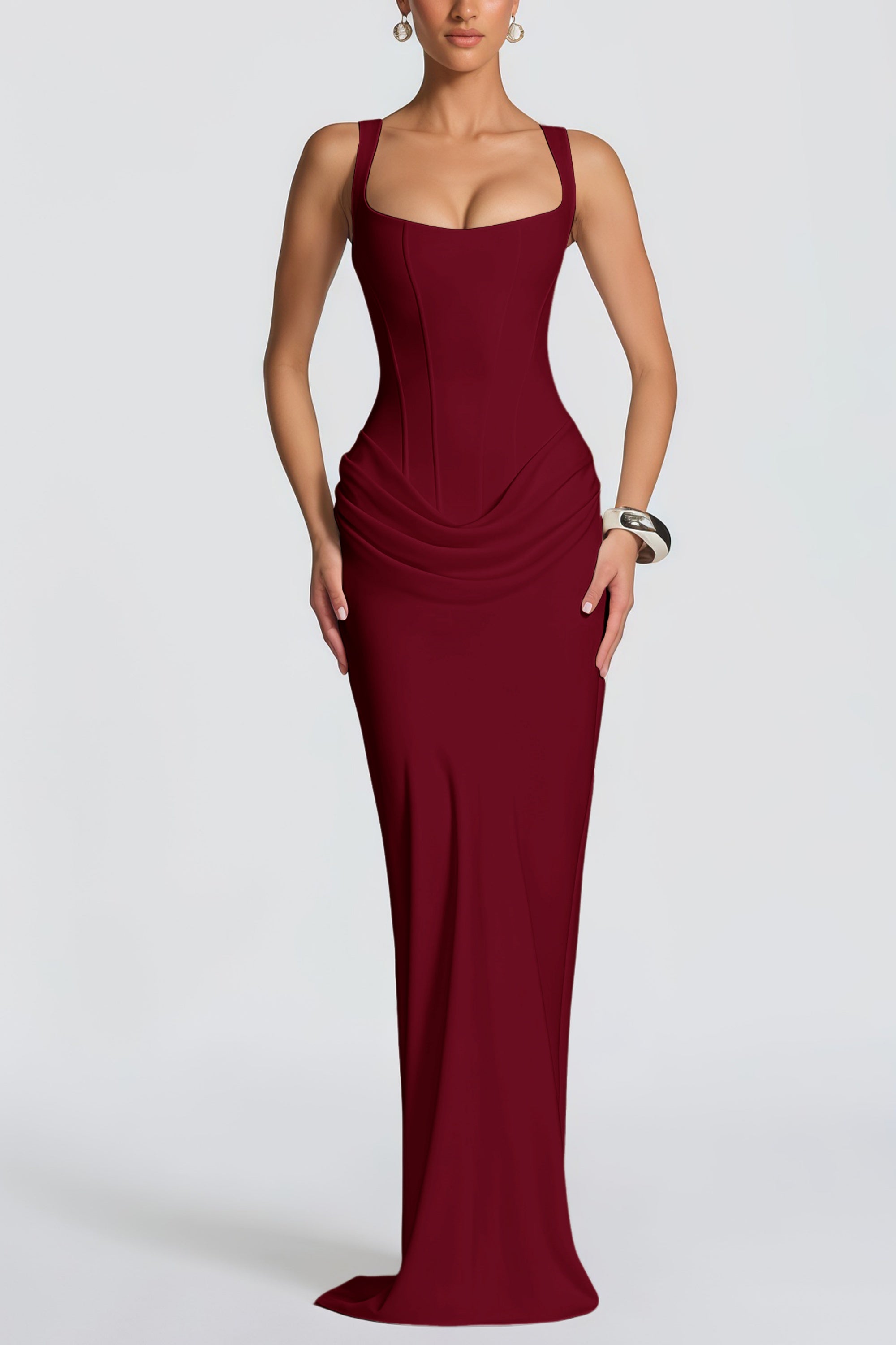 Paulette Red Ruched Corset Maxi Dress