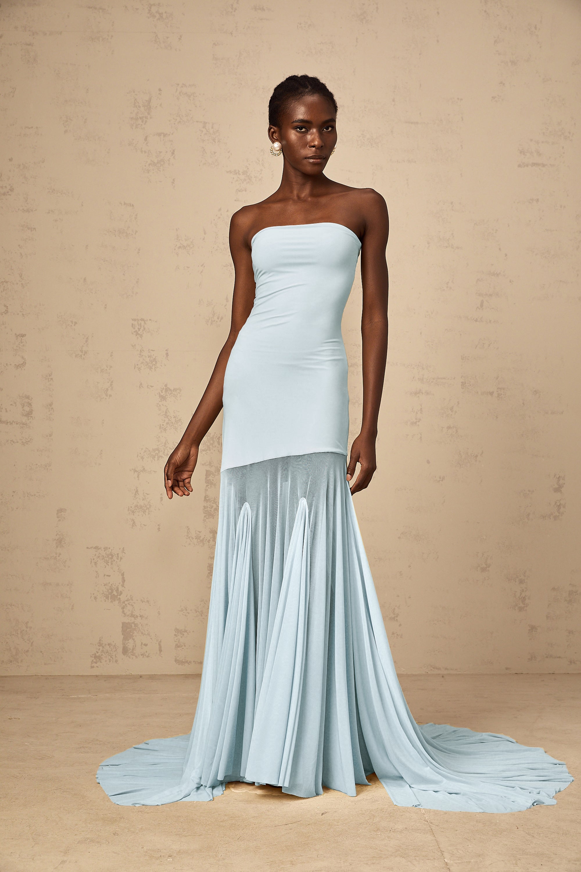 Josiane Blue Off-shoulder Sheer Tulle Maxi Dress