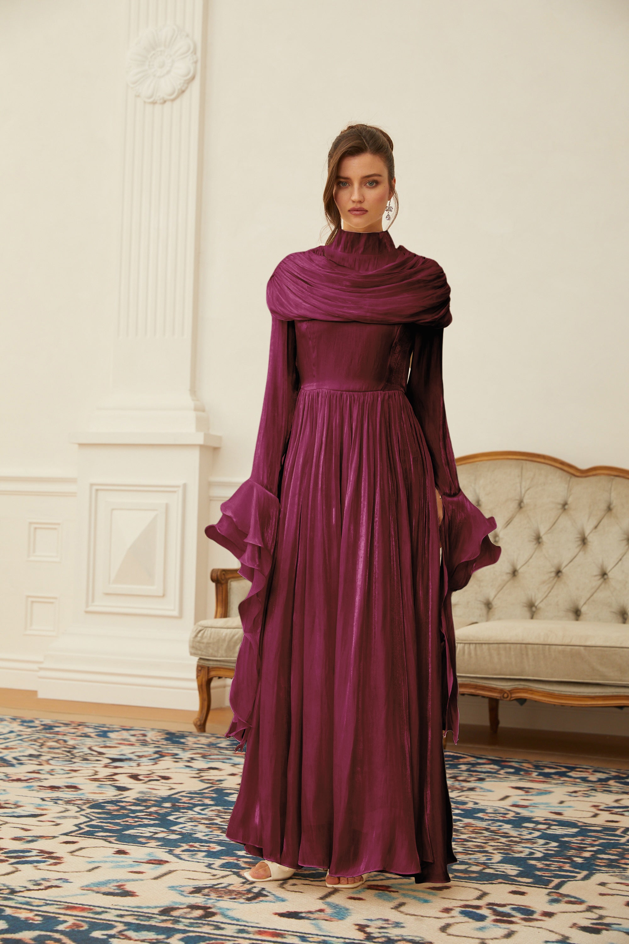 Danuta Burgundy Ruched Pleated Maxi Dress