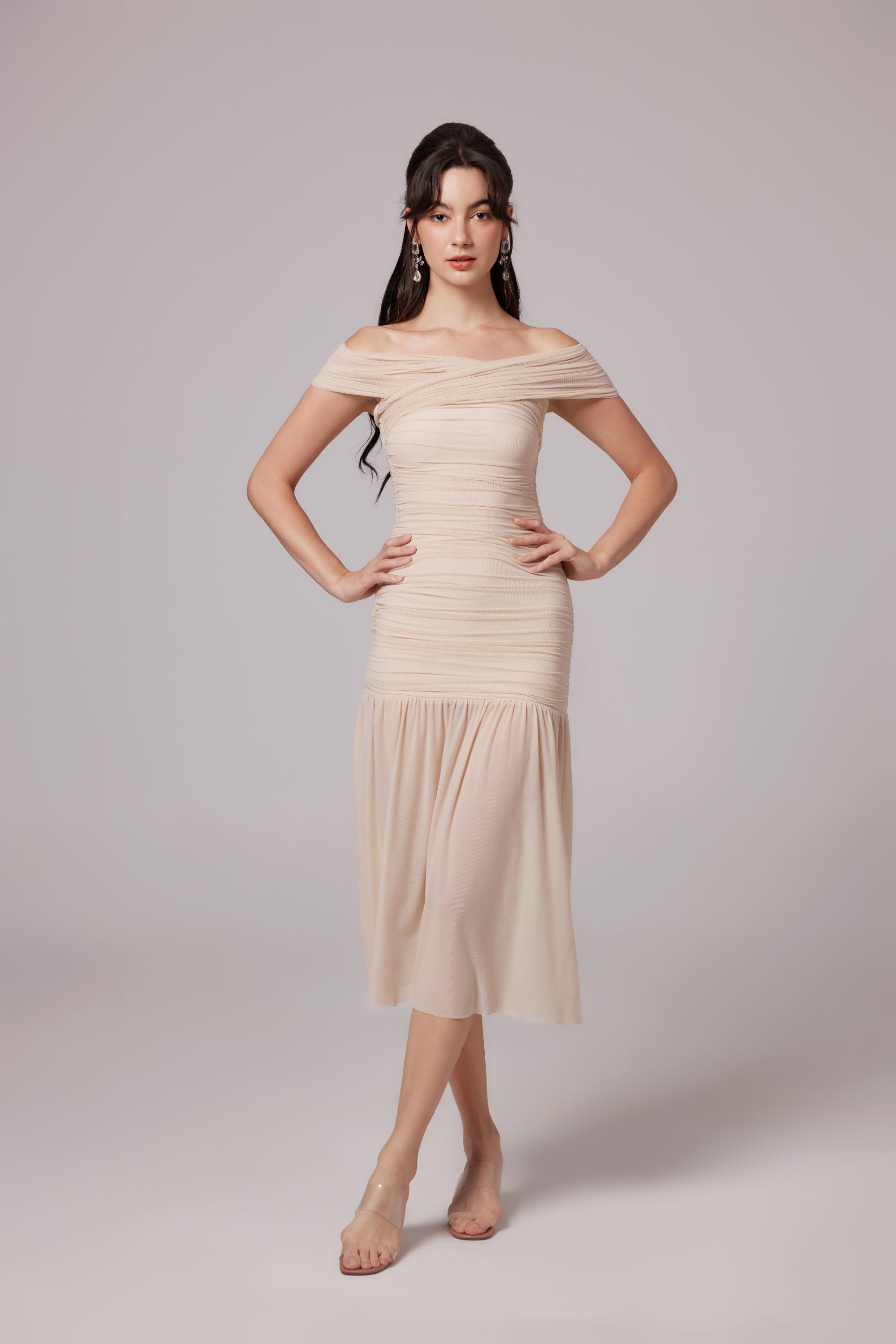 Rapunzel off-shoulder mesh midi dress