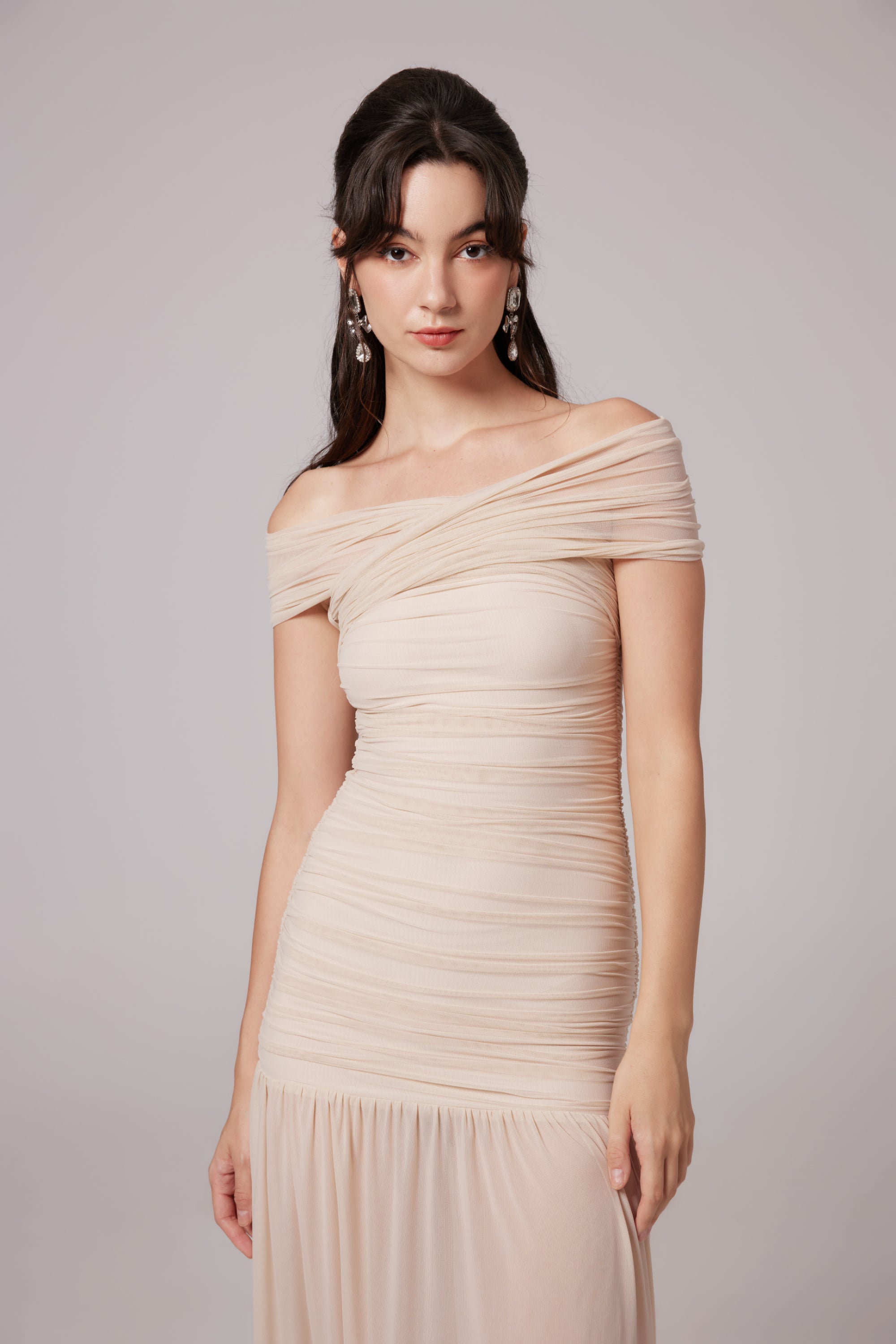 Rapunzel off-shoulder mesh midi dress