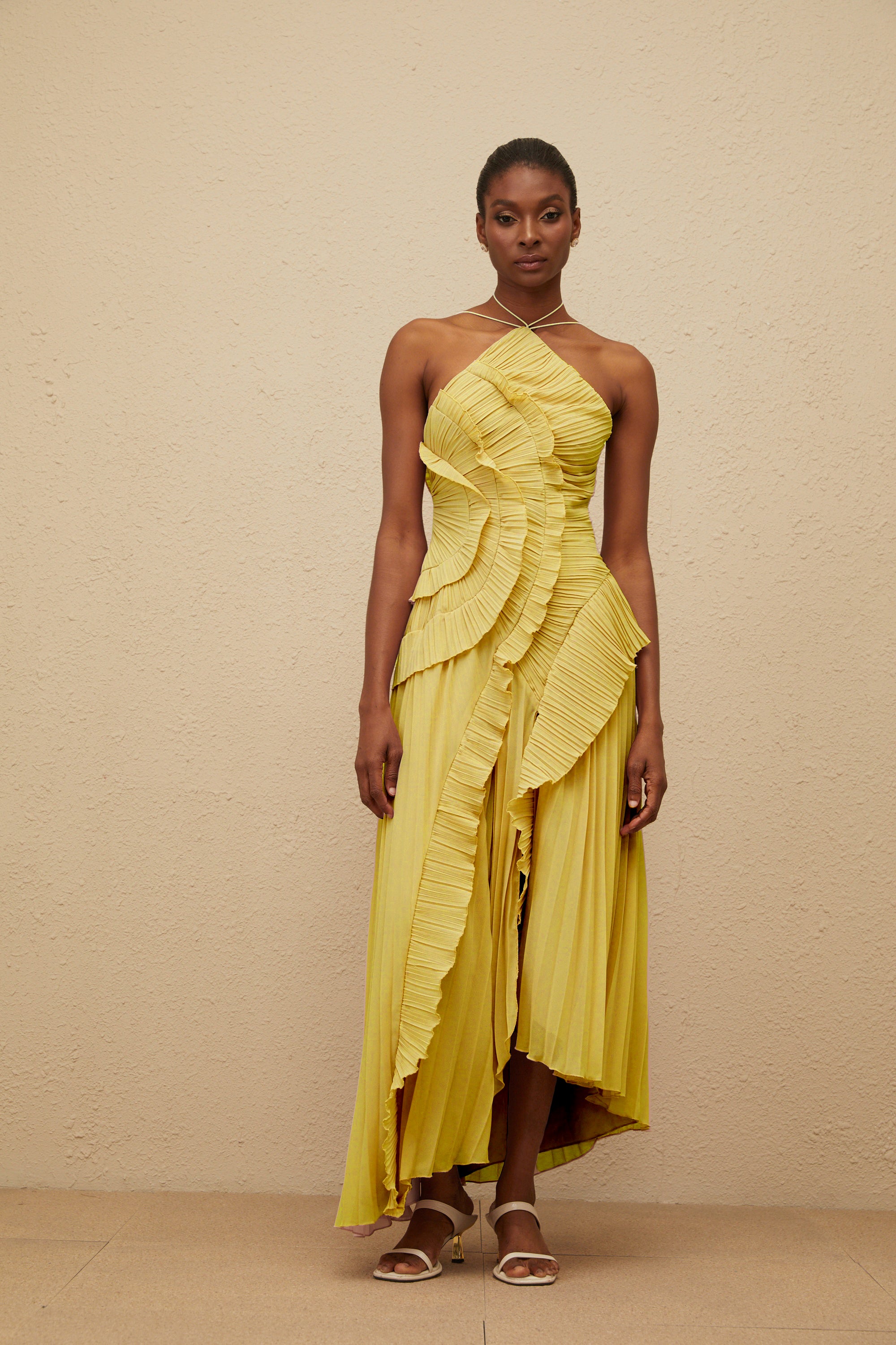 Doux Yellow Ruffled Trim Pleated Midi Dress