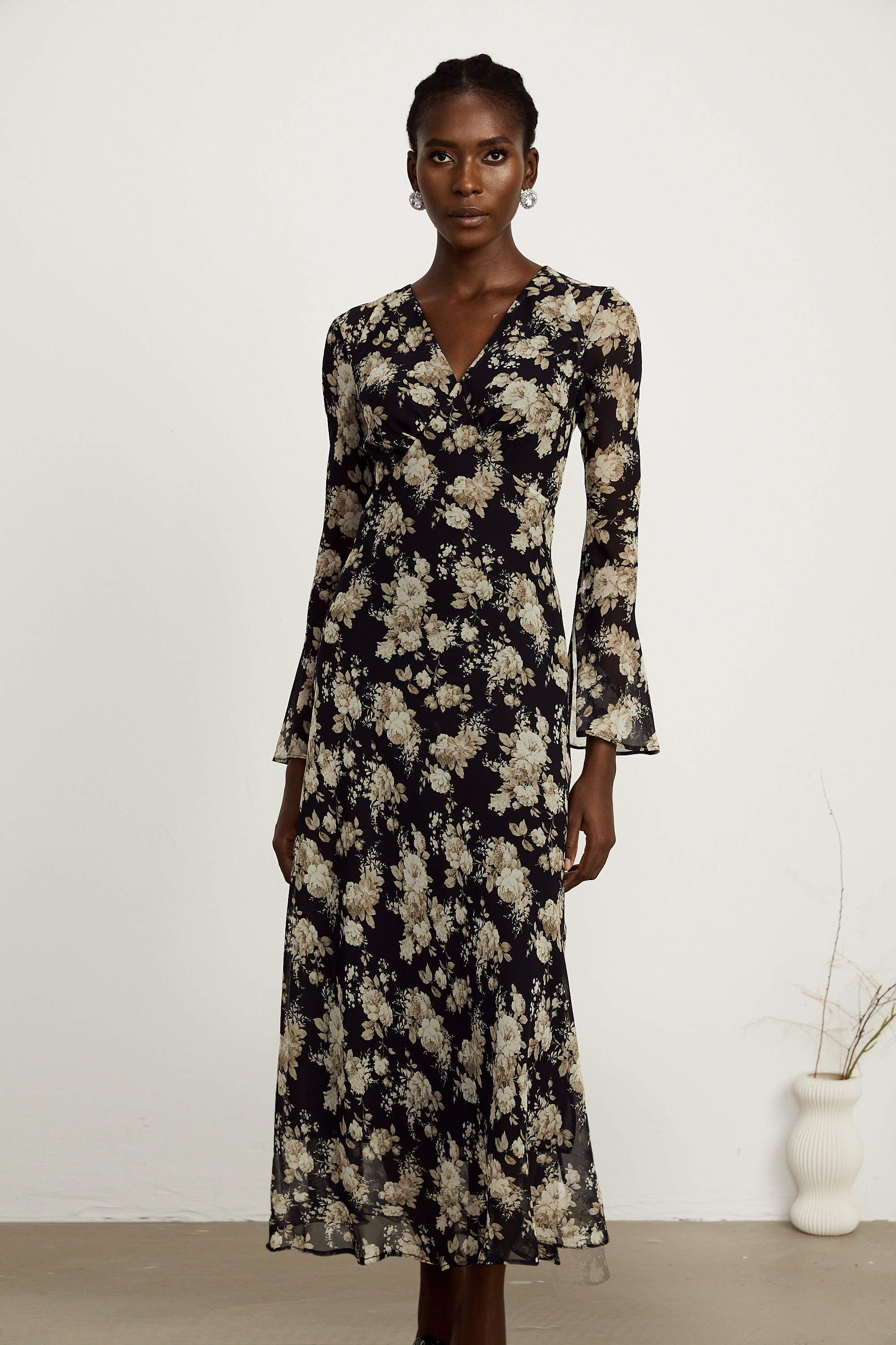 Hannah black floral-print flared midi dress