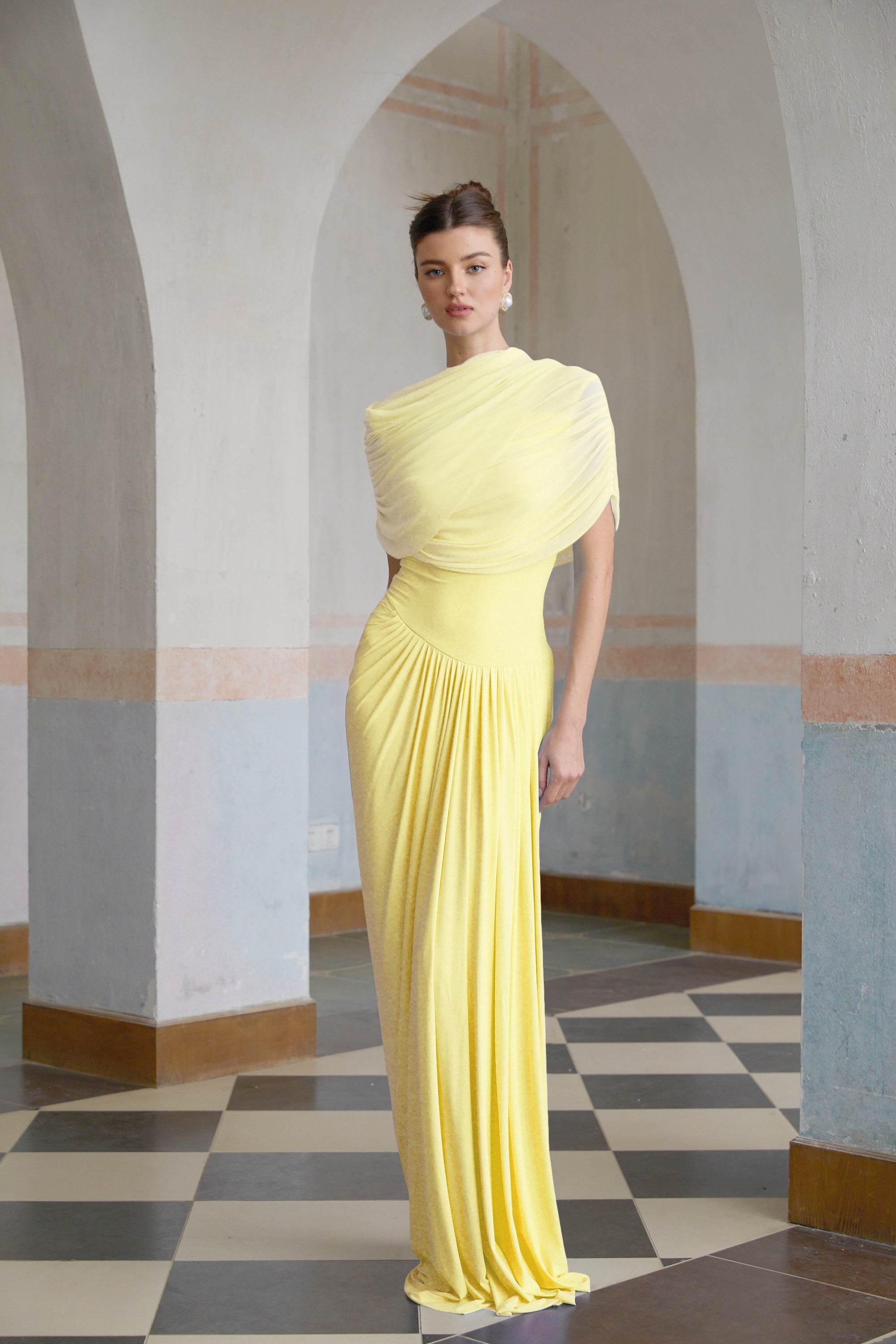 Catherine asymmetrical pleated maxi dress in Yellow