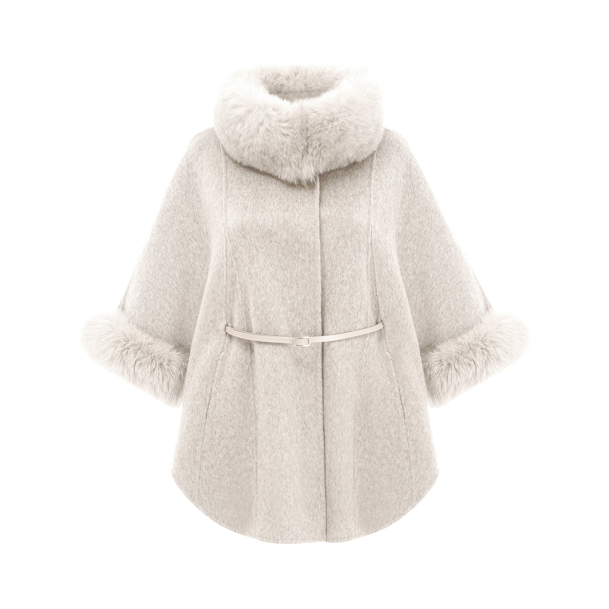 Chloris wool fur belted cape coat in White