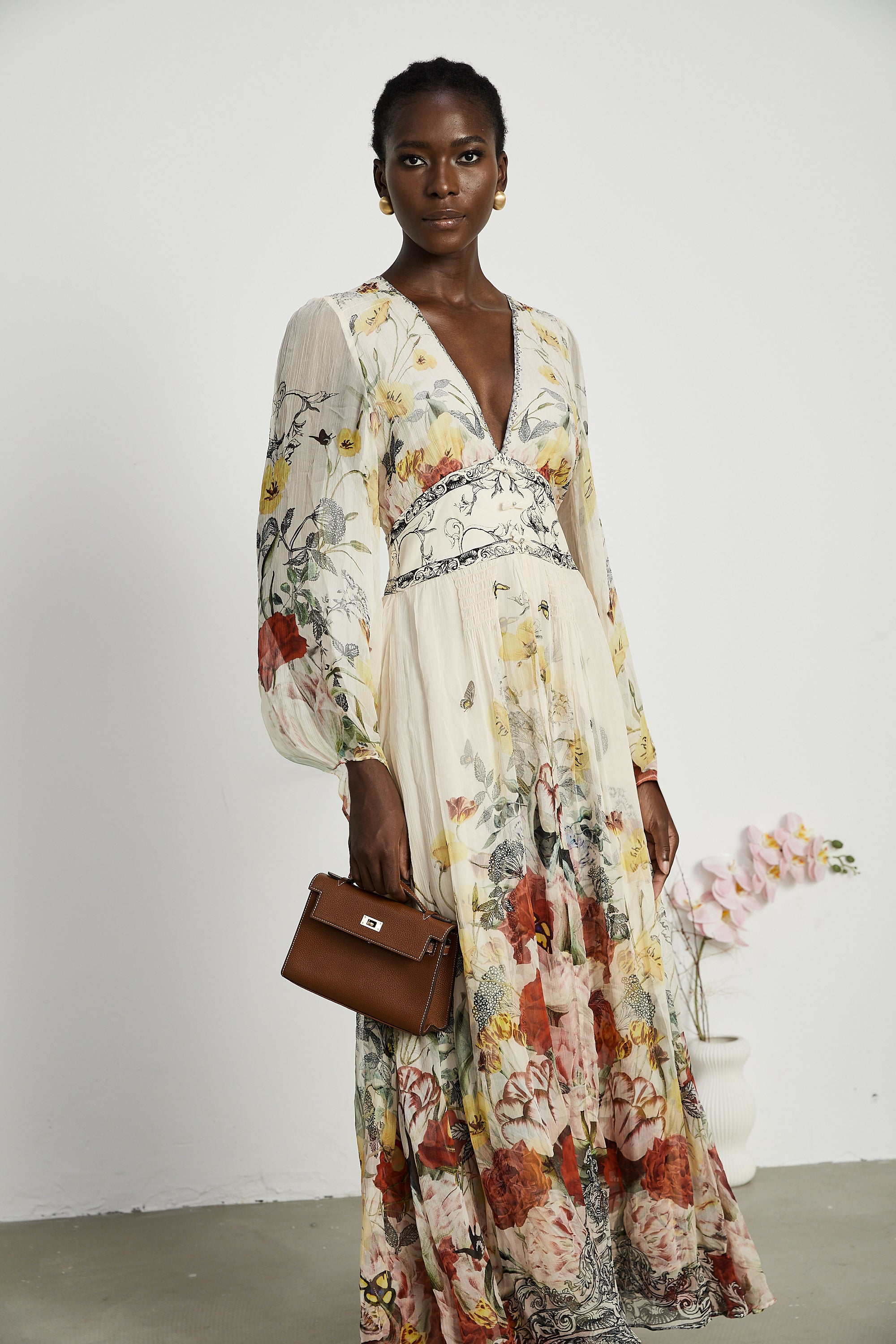 Cora elasticated-sleeve floral maxi dress