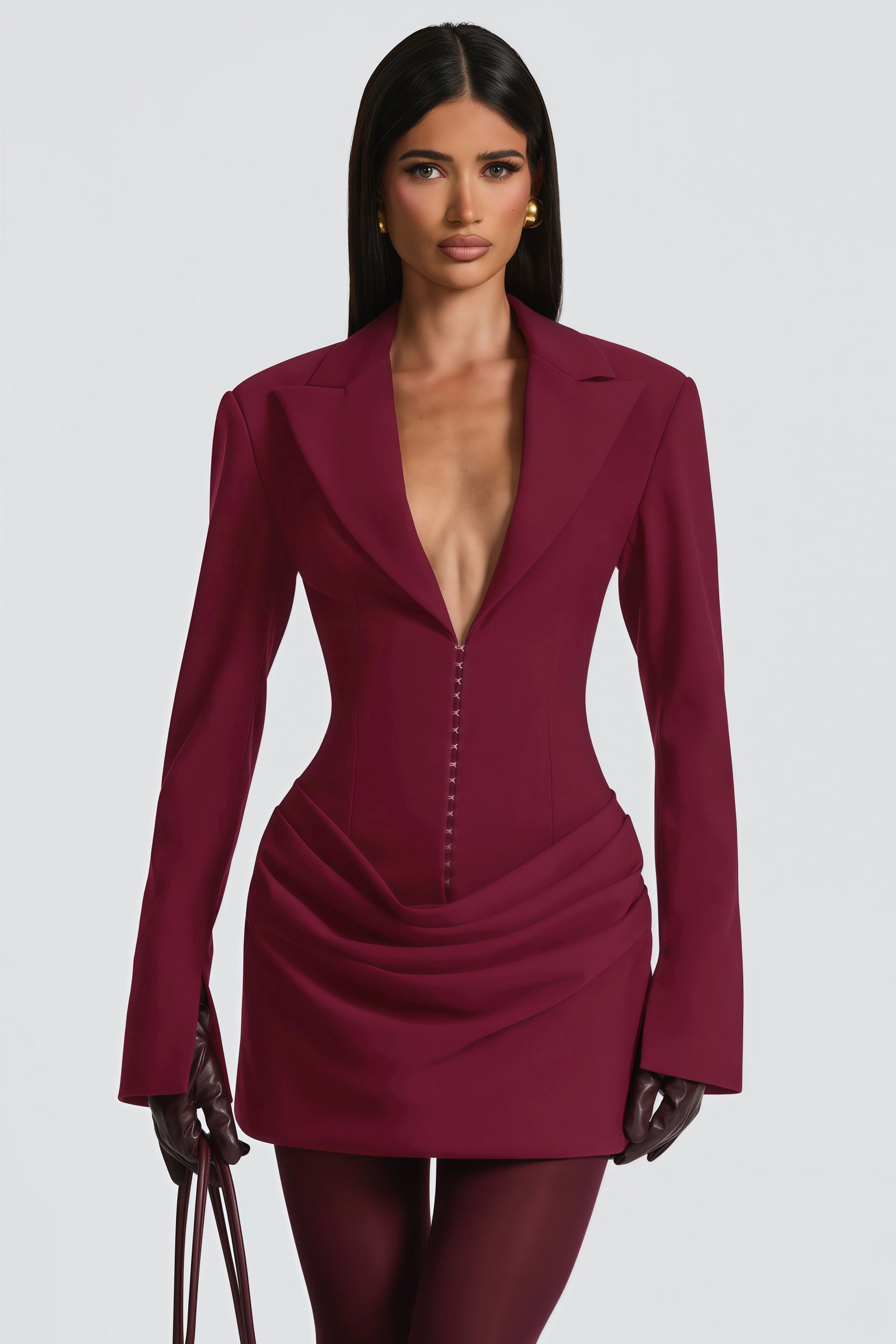 strapless open back dress Rosette Burgundy Ruched Blazer Mini Dress