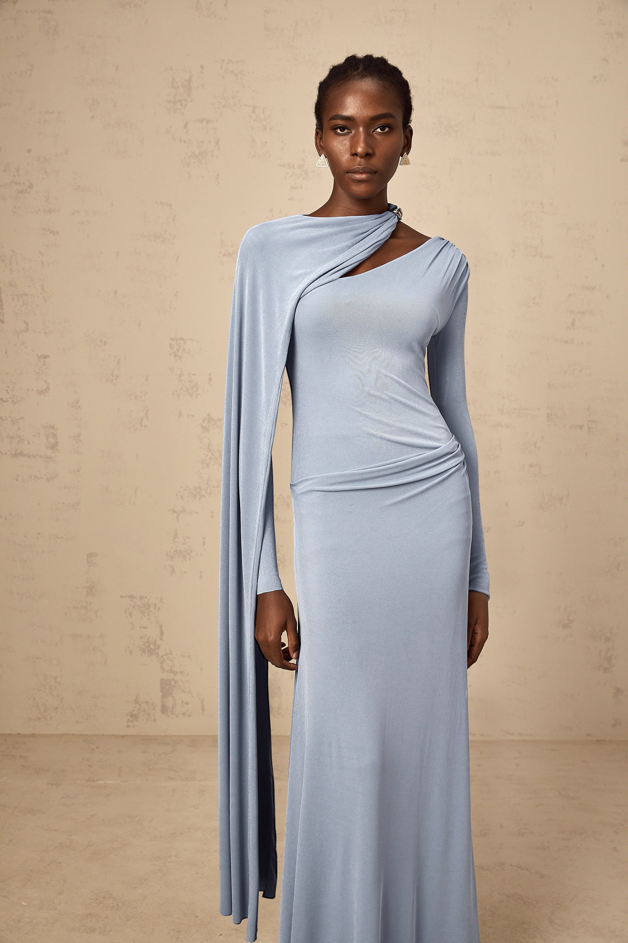 Josette Blue Diagonal Shawl Fitted Maxi Dress