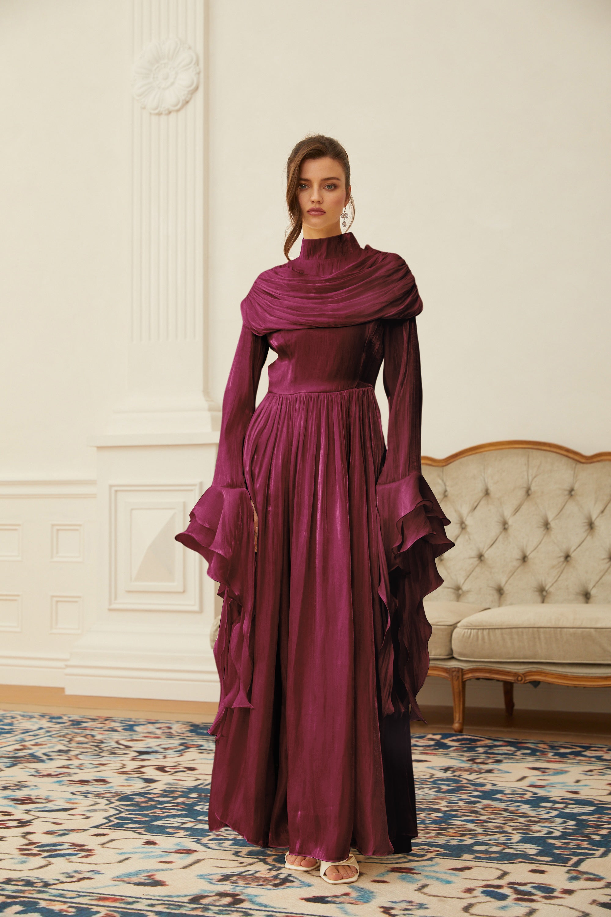 Danuta Burgundy Ruched Pleated Maxi Dress