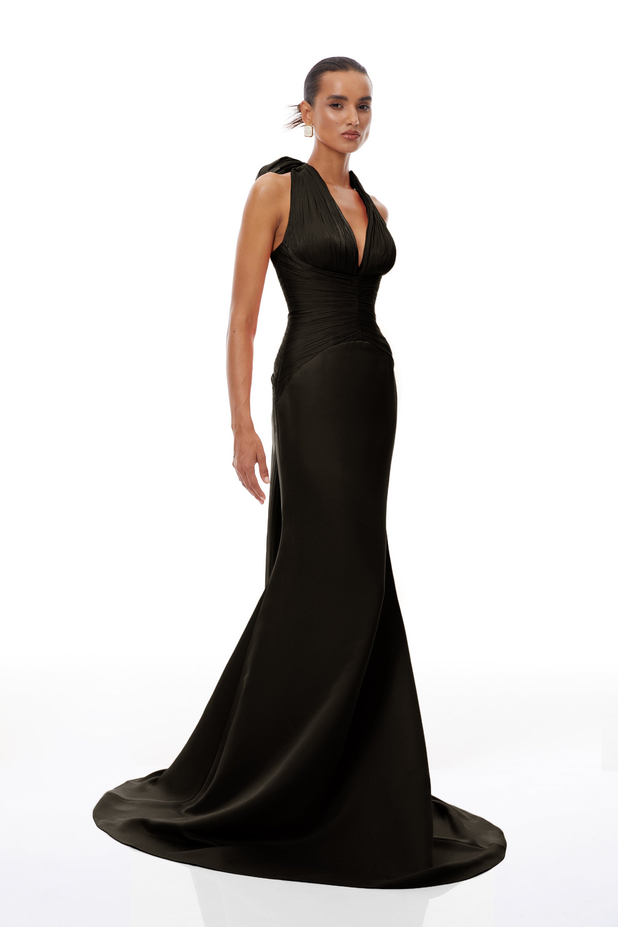 Emmeline Black Train Design Gathered Maxi Dress