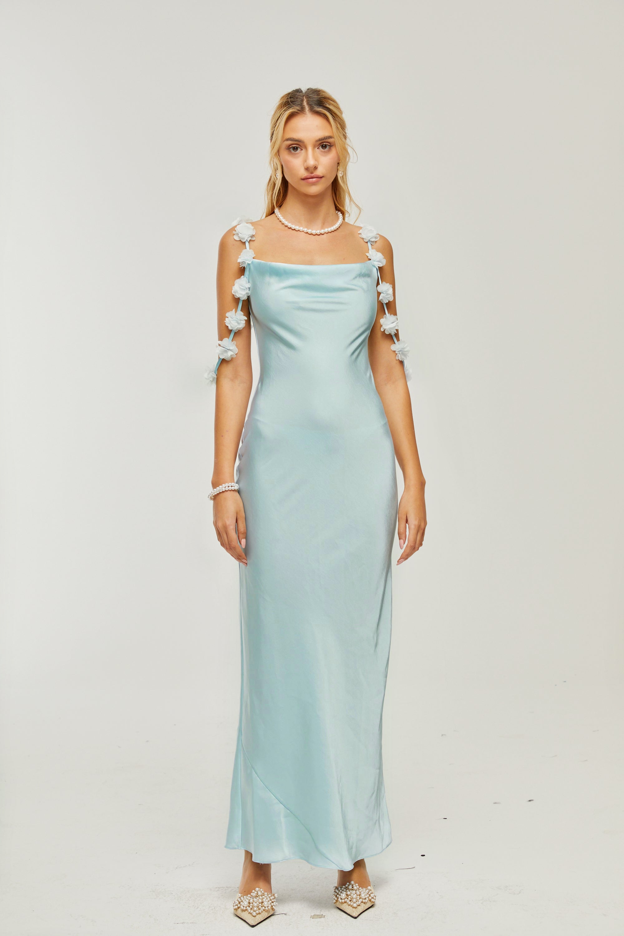 Capri floral-straps satin maxi dress