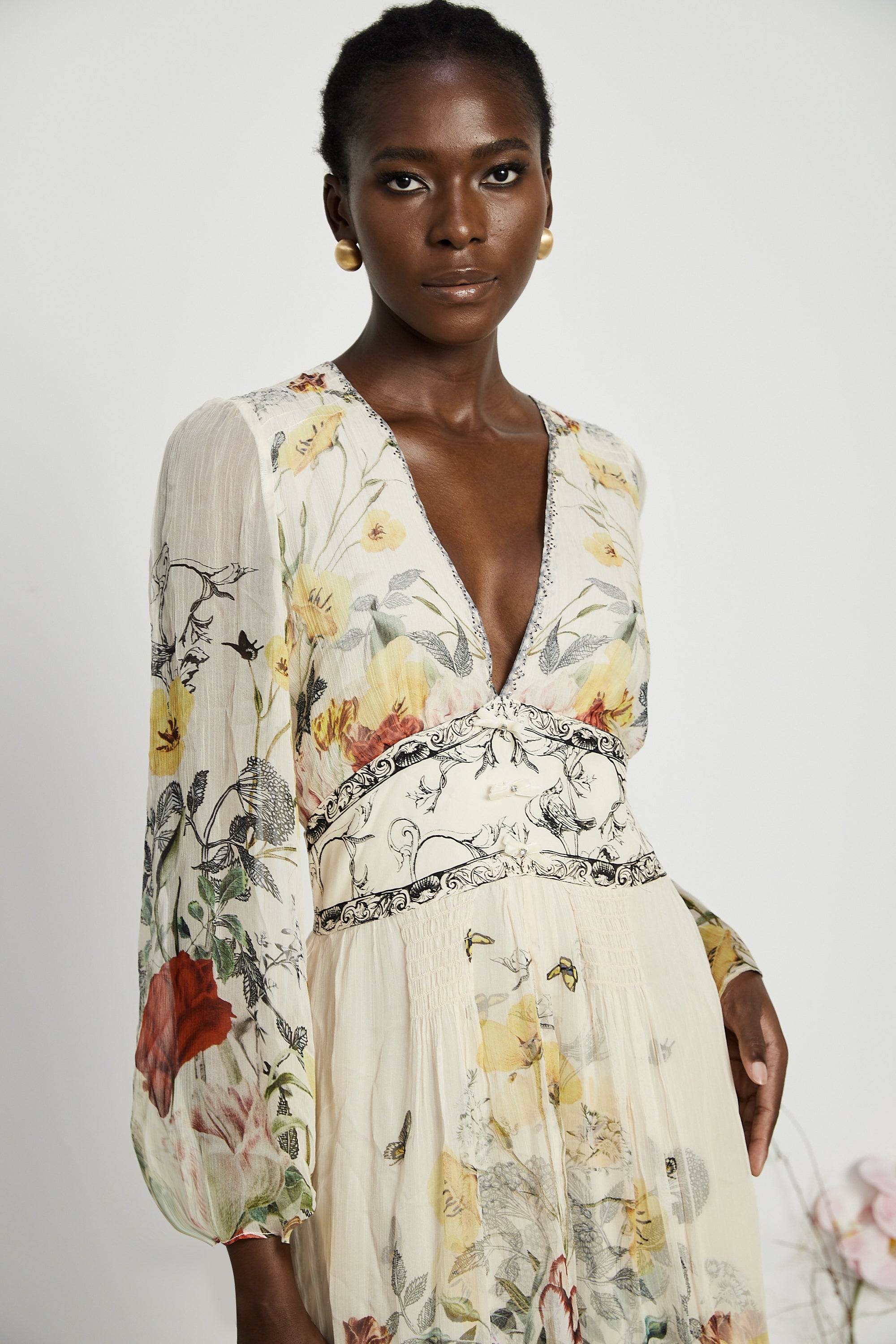 Cora elasticated-sleeve floral maxi dress