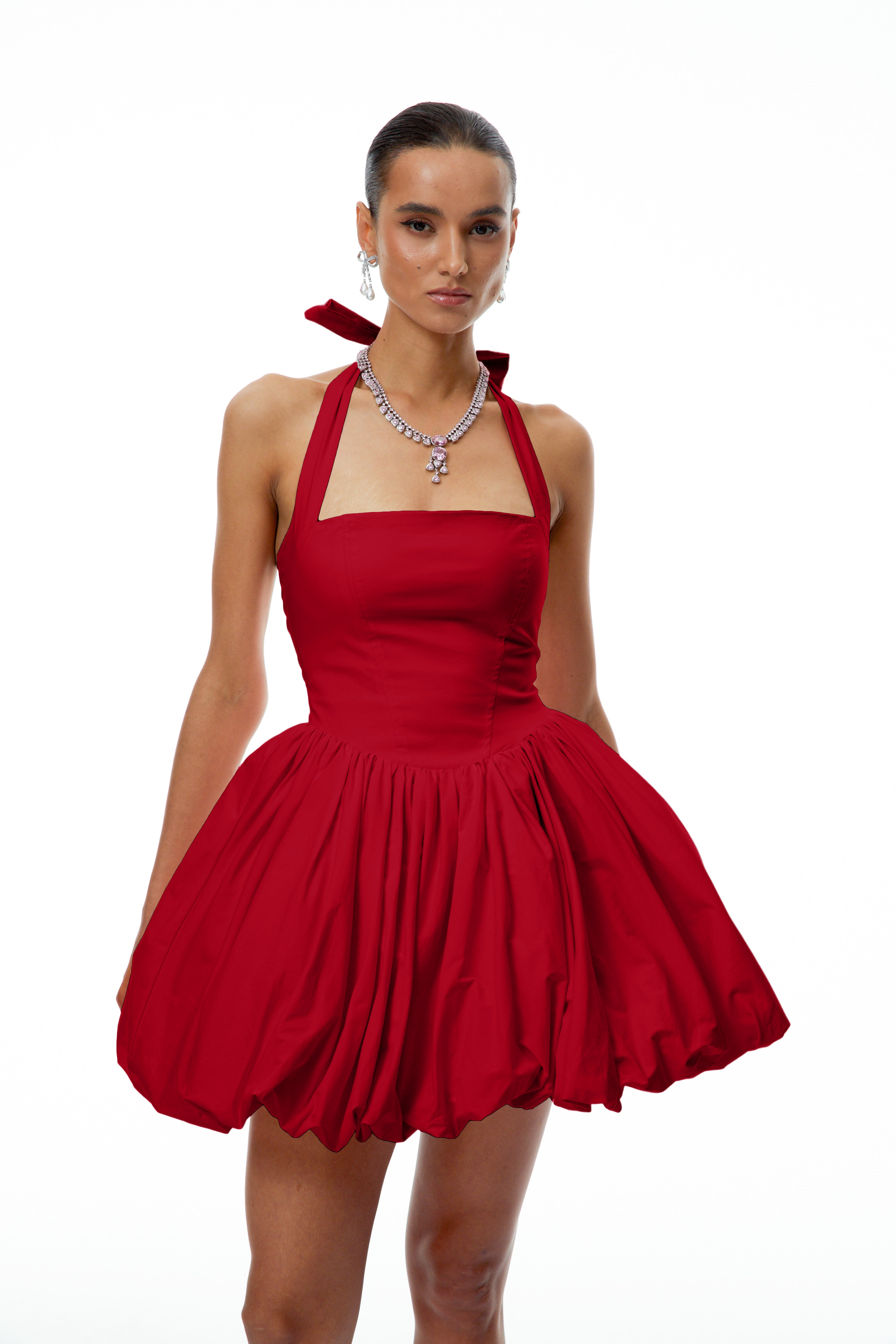 Anaelle Rot gerafftes Minikleid mit Puffärmeln