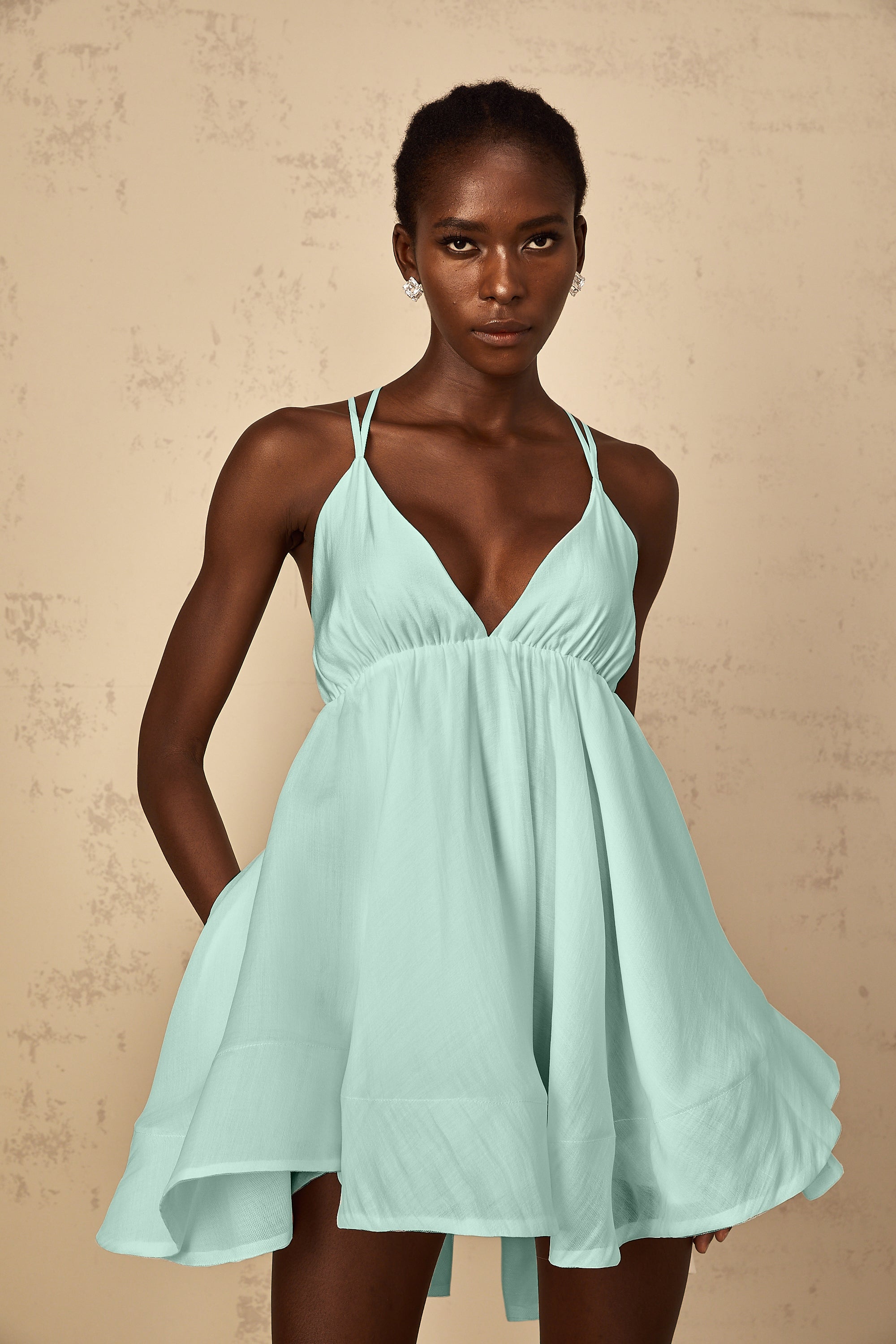 Quincie Green Shirred Flounced Mini Dress