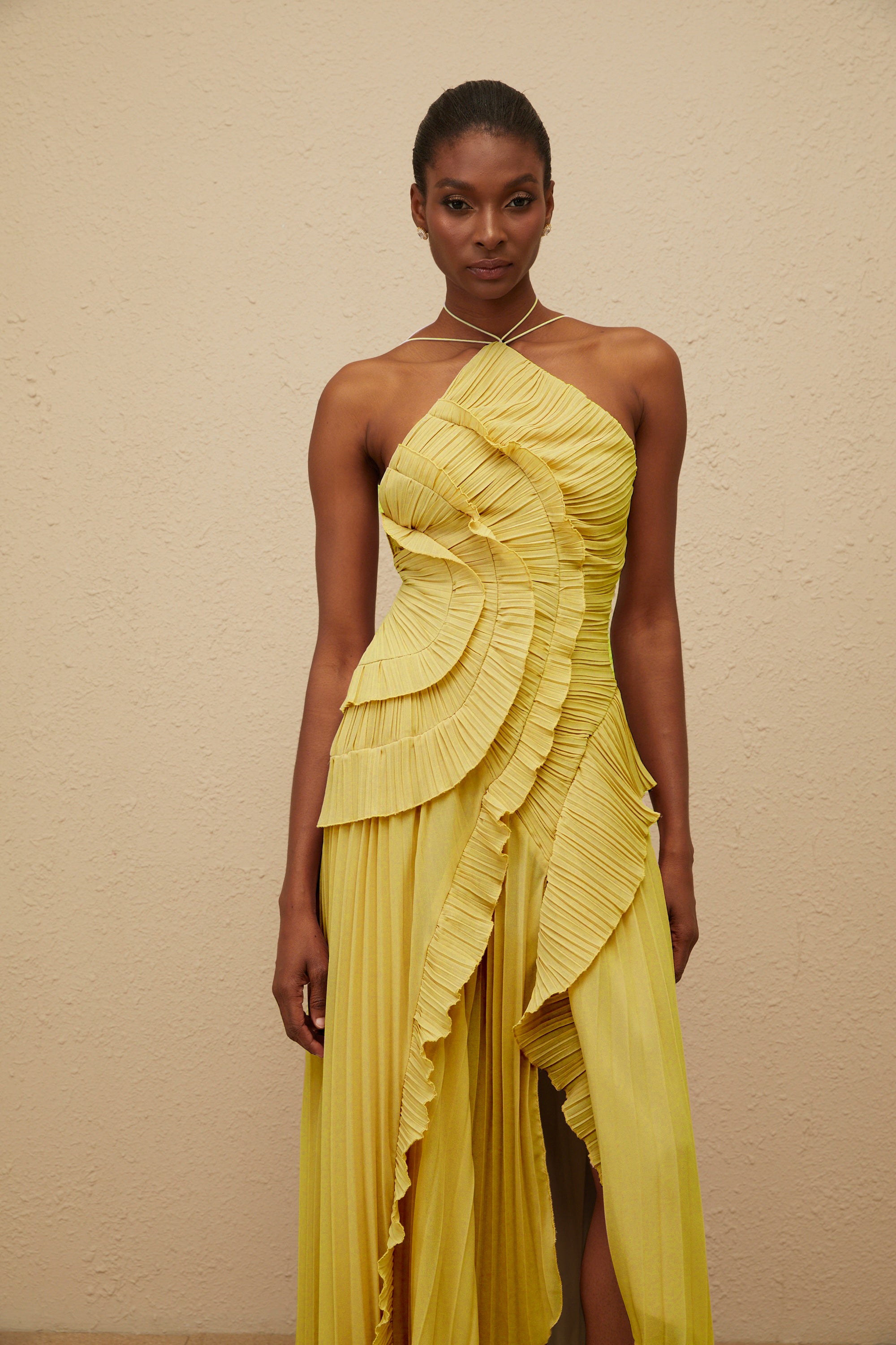 Doux Yellow Ruffled Trim Pleated Midi Dress