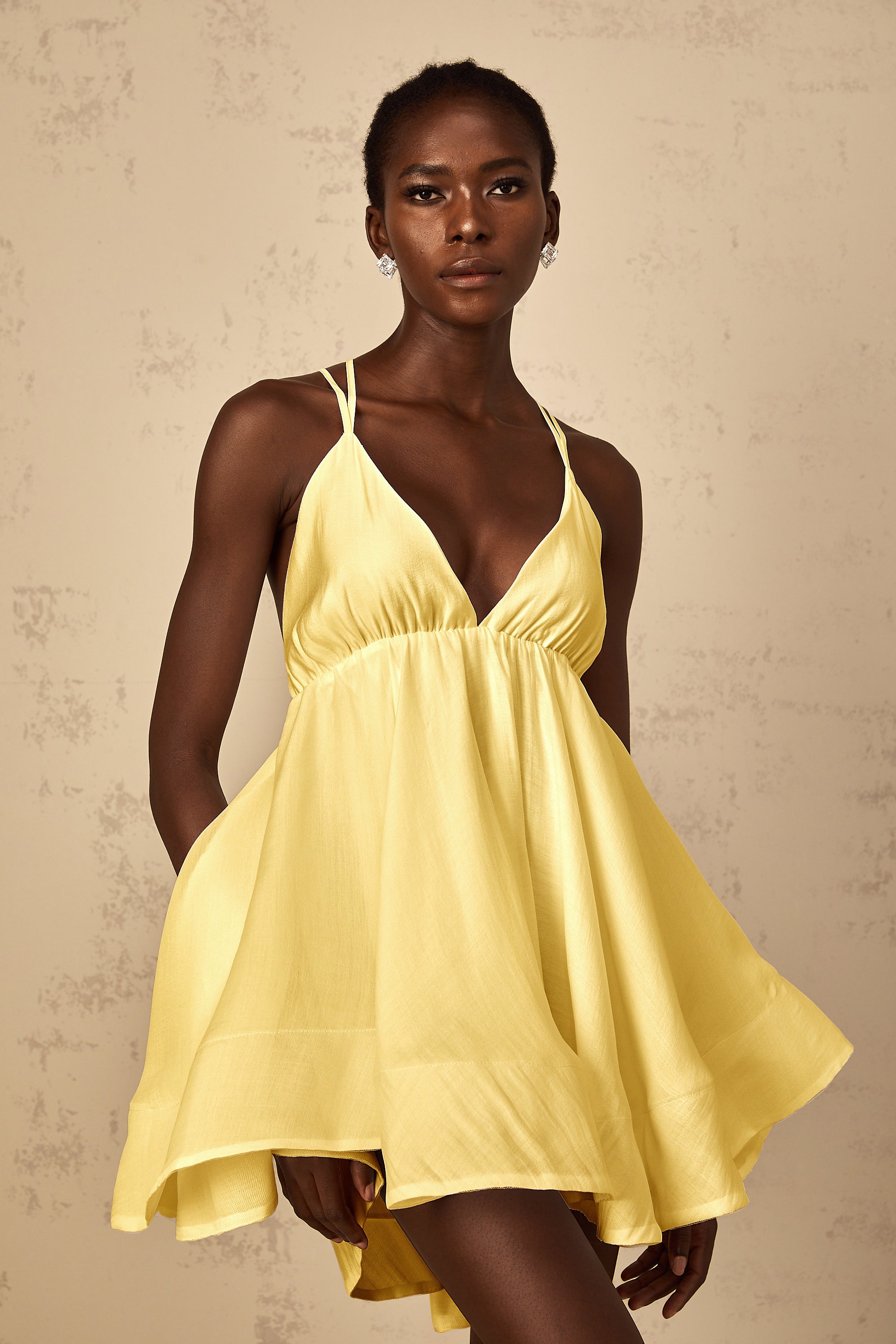 Quincie Yellow Shirred Flounced Mini Dress