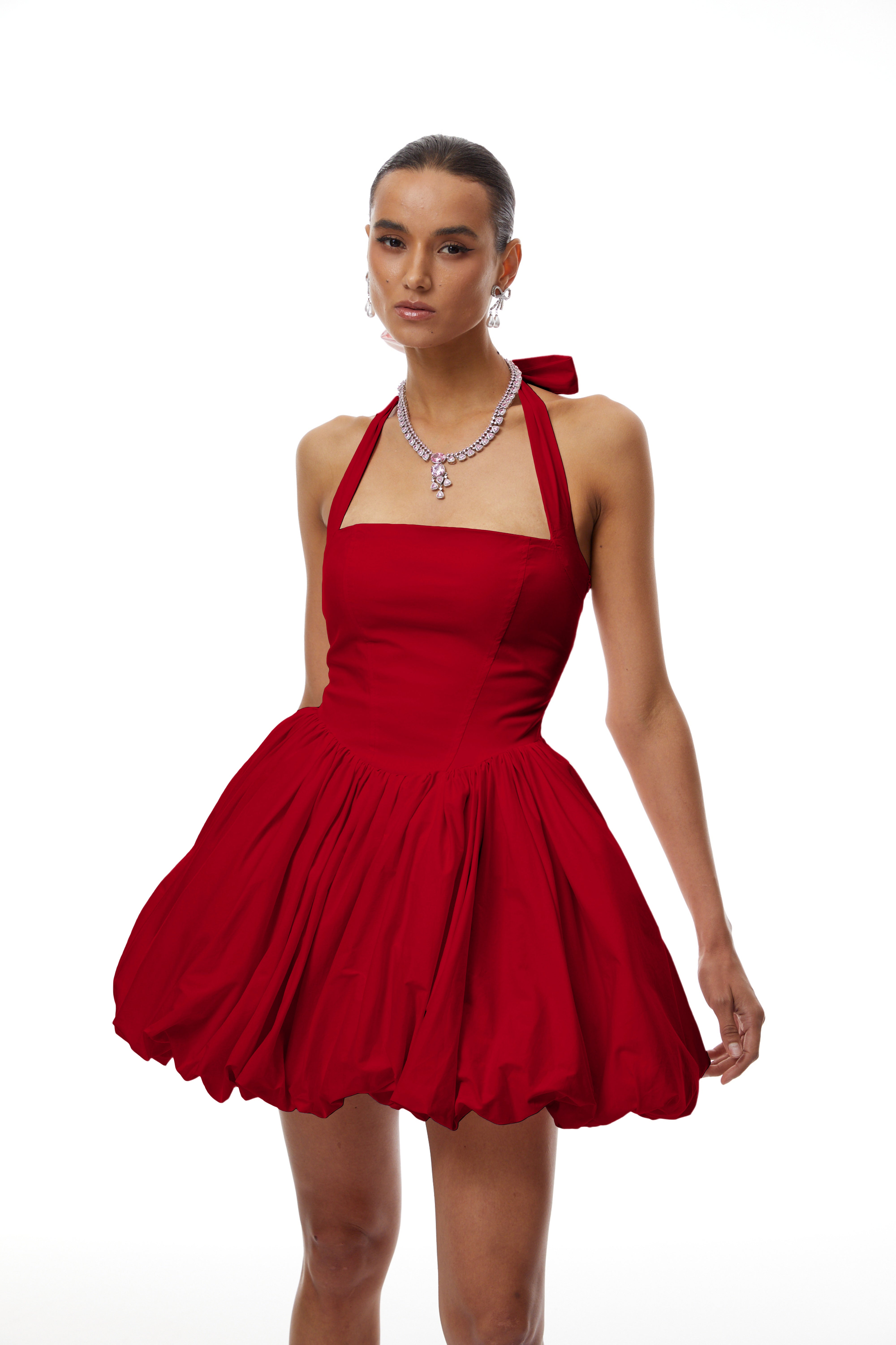 Anaelle Rot gerafftes Minikleid mit Puffärmeln