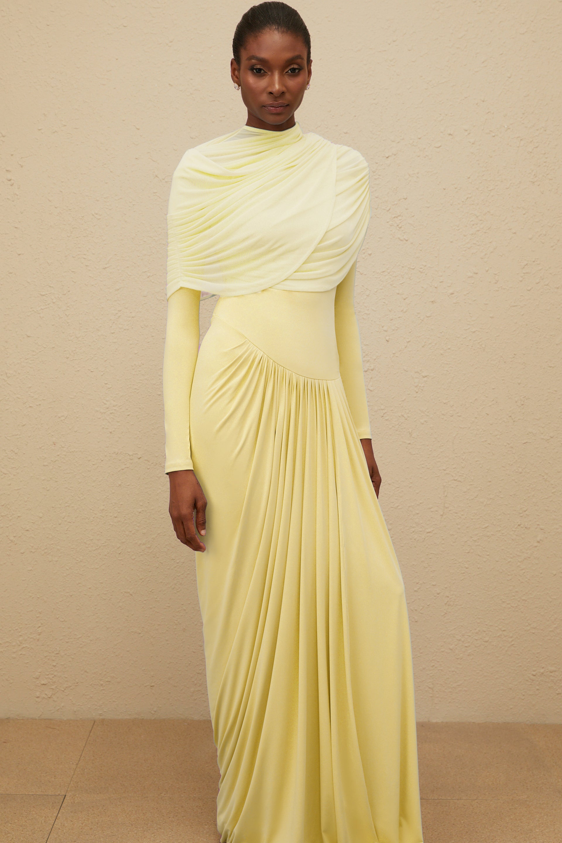 Catherine Yellow Asymmetrical Pleated Long-Sleeve Maxi Dress, L / Yellow