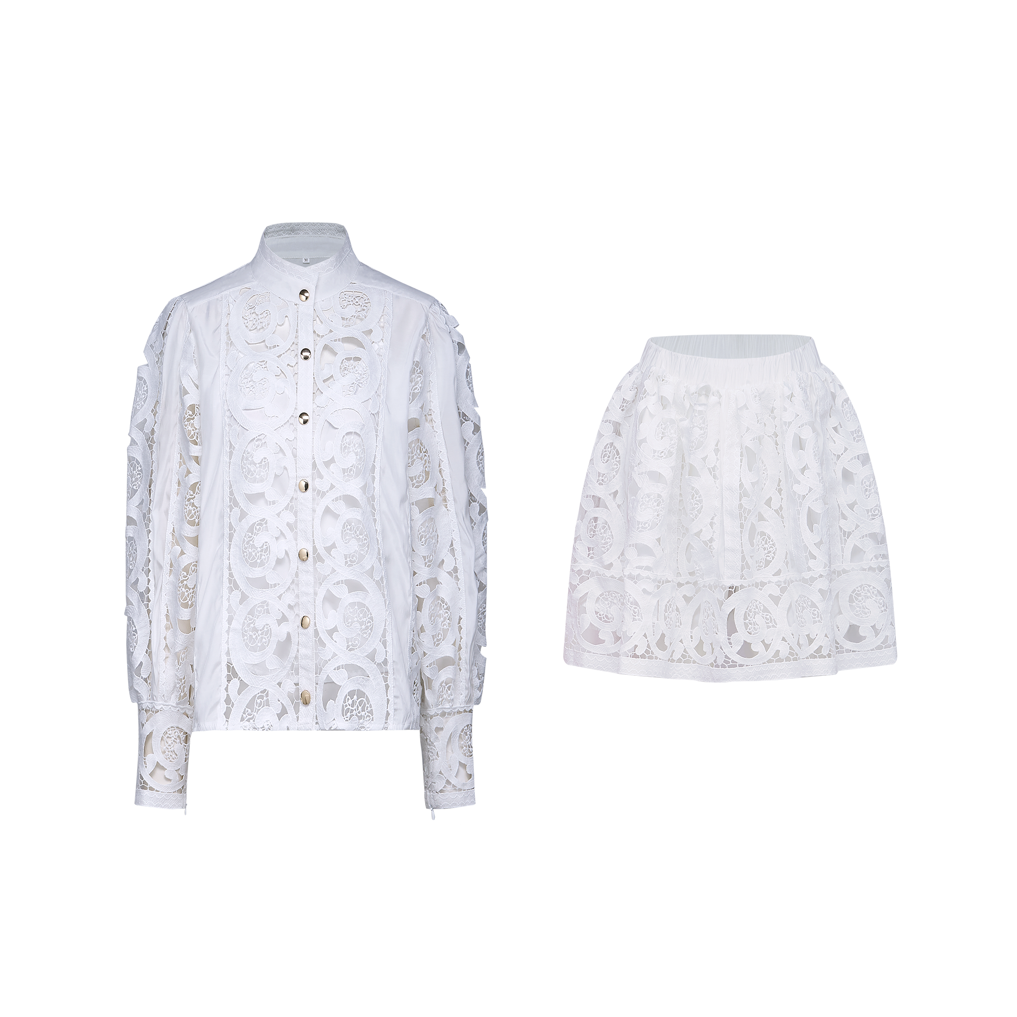 Marie lace-floral embellished shirt & skirt matching set