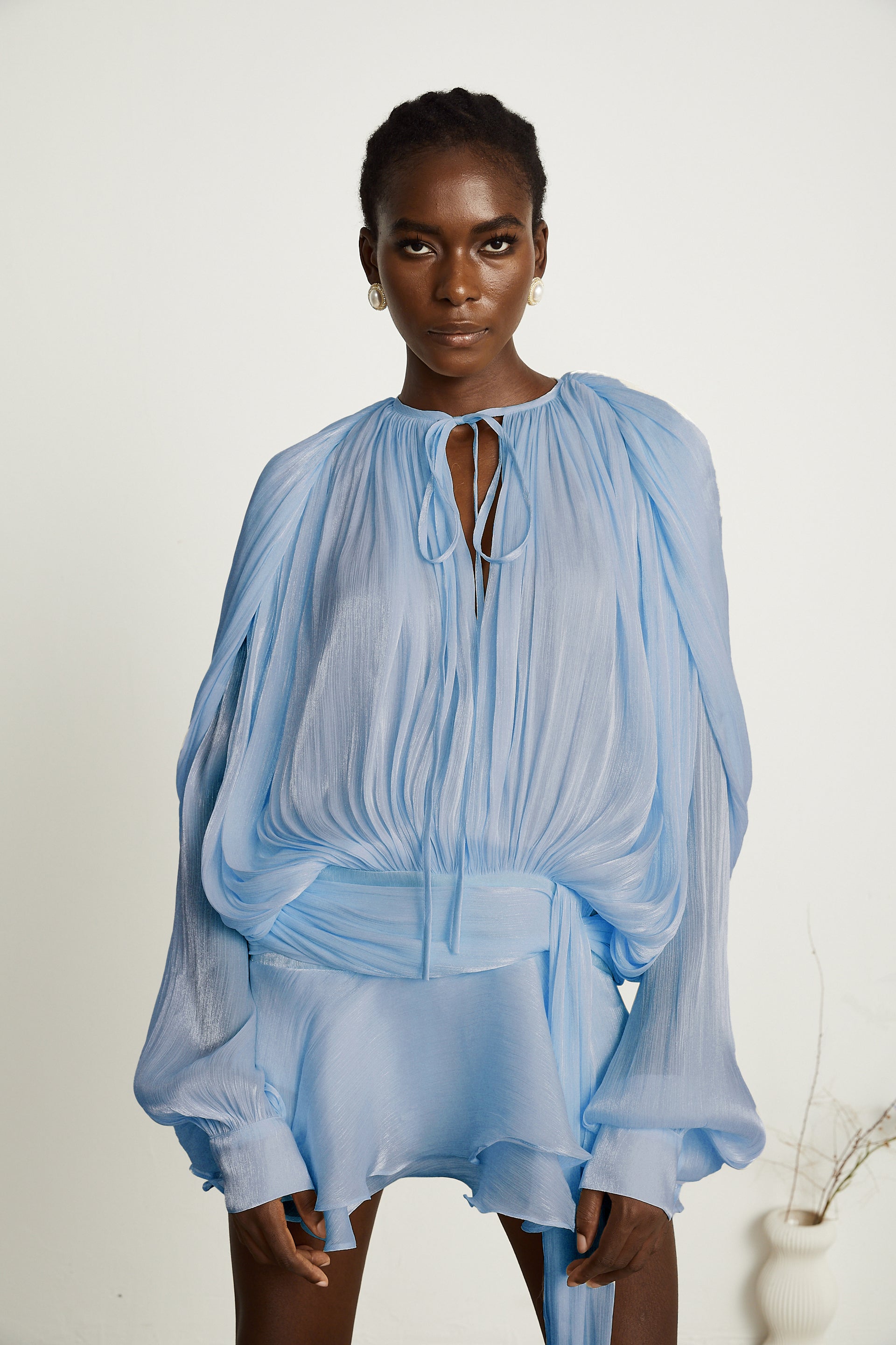 eugénie neutral fully pleated ruffled mini dress Eugénie Blue Fully Pleated Ruffled Mini Dress, M / Blue
