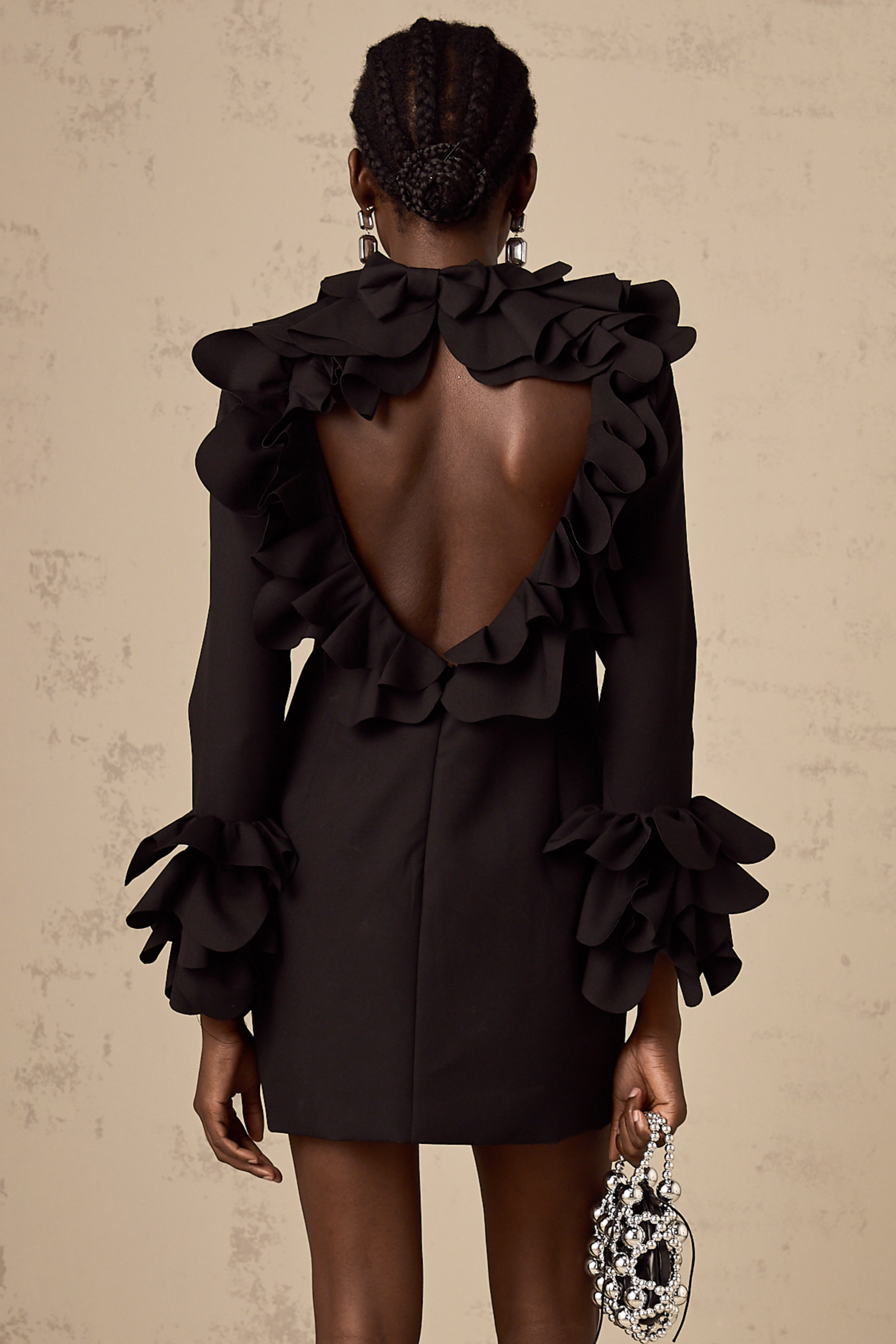 Priscille black ruffled open-back mini dress