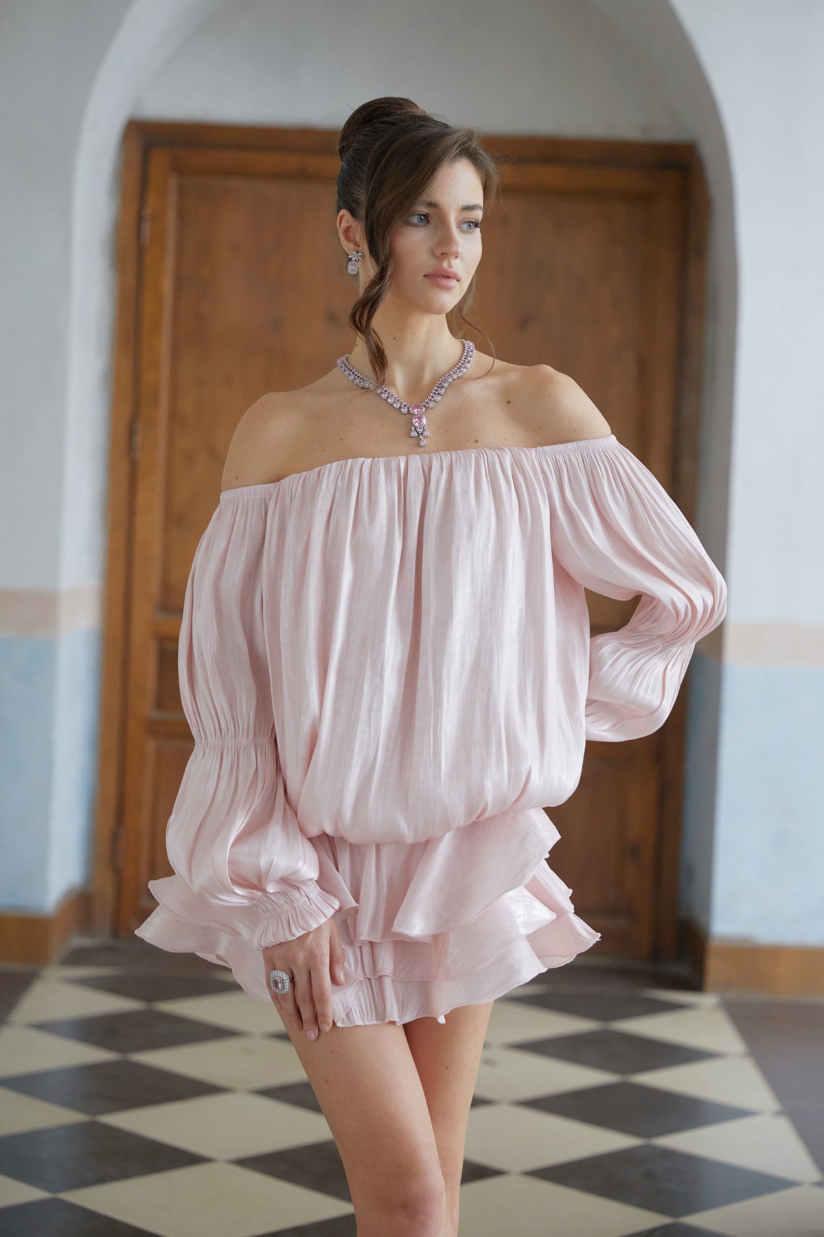 Zofia Pink Glossy Pleated Tiered Mini Dress, L / Pink