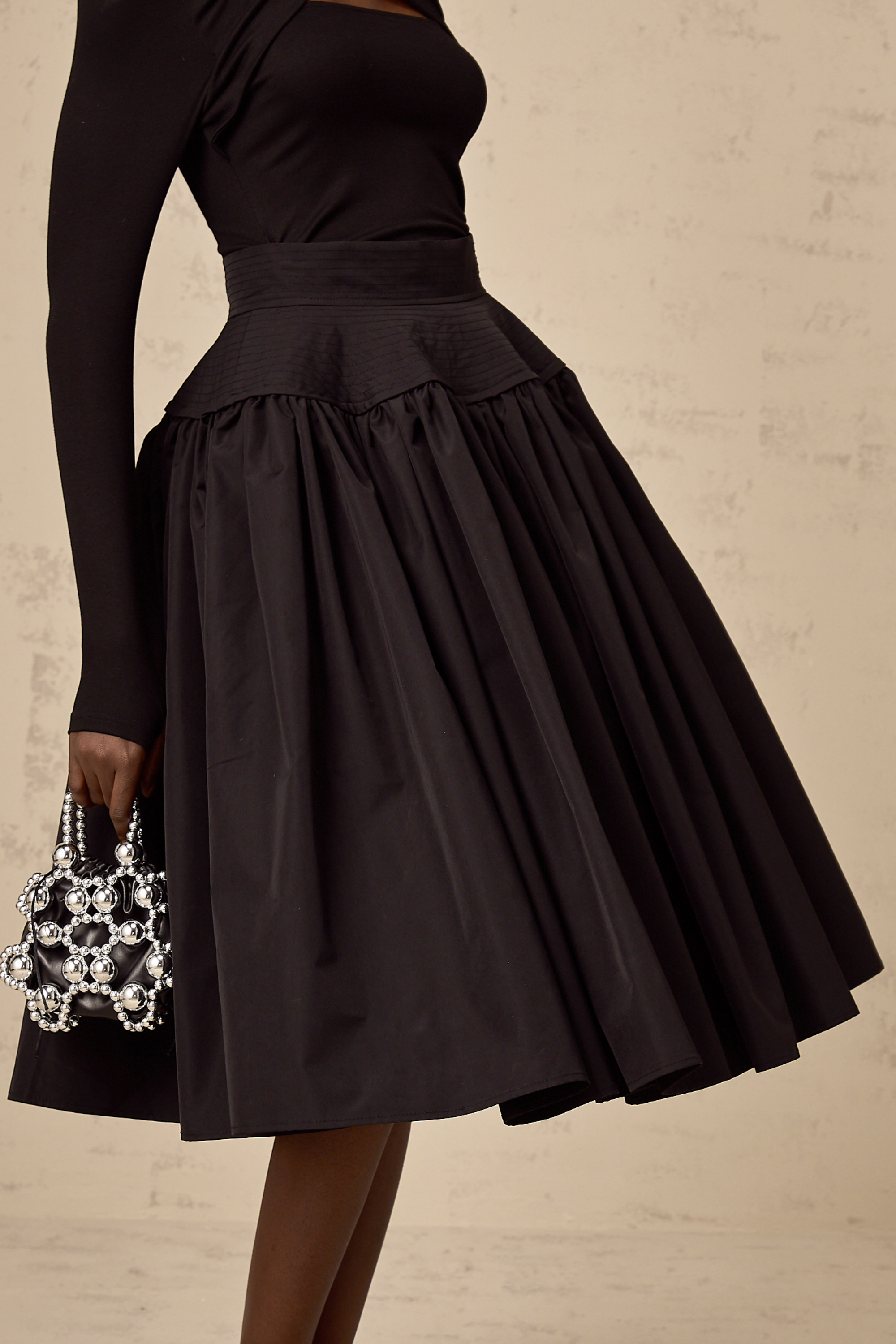 Pauline black pleated flared midi skirt