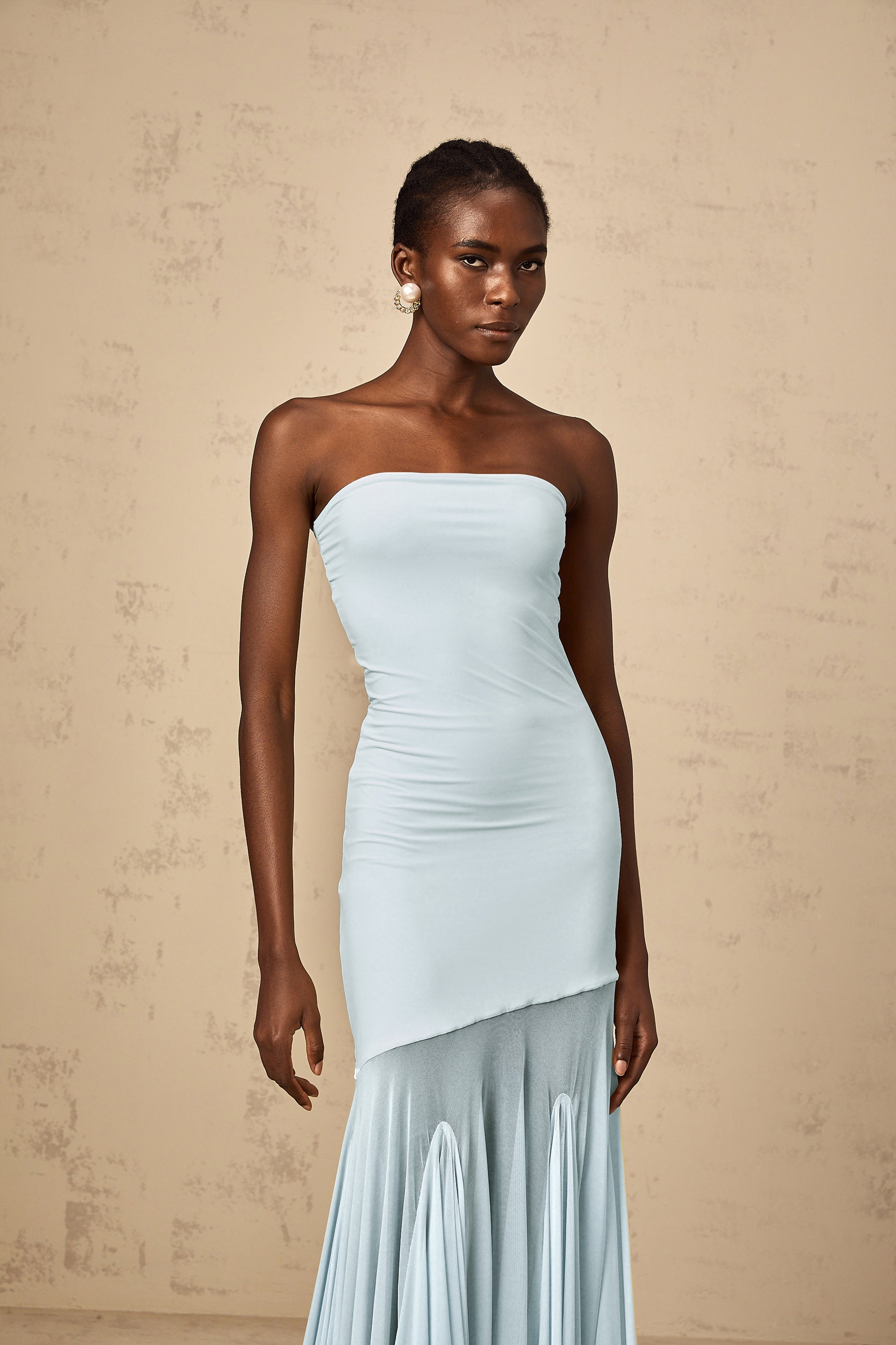 ☆とい☆さん専用SHEER DRESS Josiane Blue Off-shoulder Sheer Tulle Maxi Dress