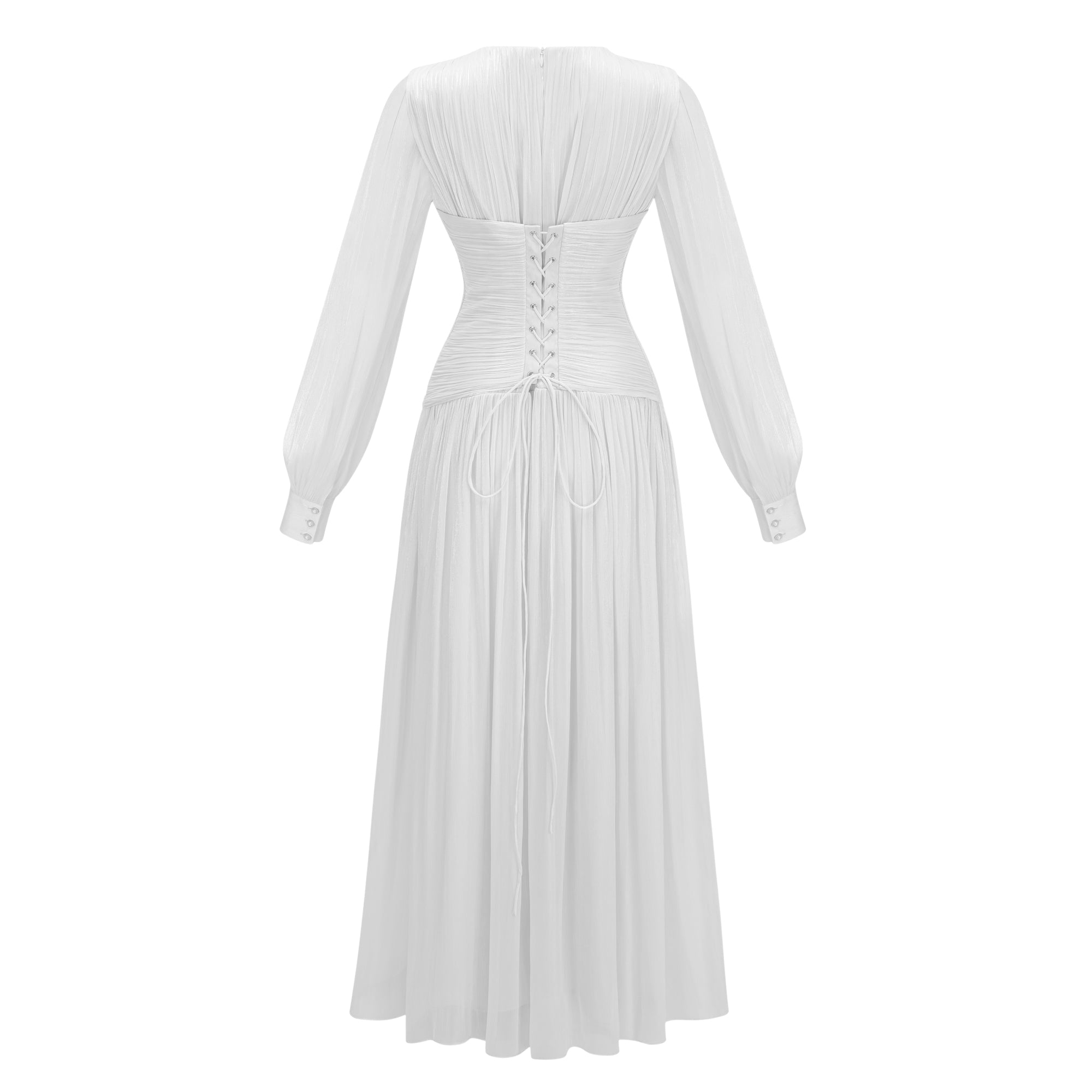 Aneka White High Neck Glossy Ruched Maxi Dress