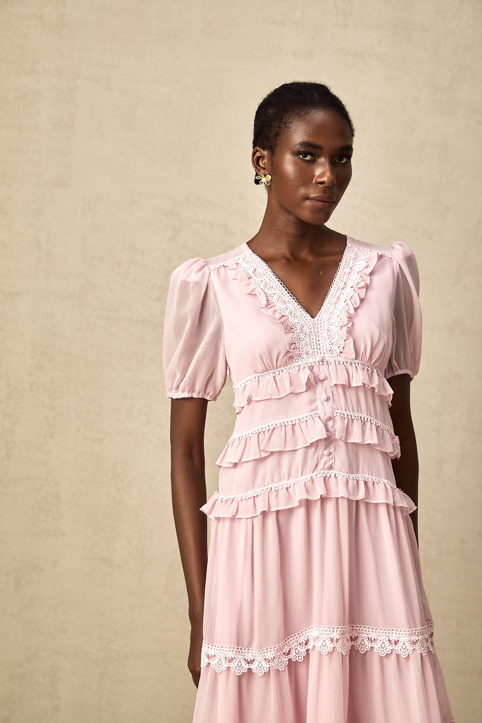 Amelie pink ruffled tiered midi dress