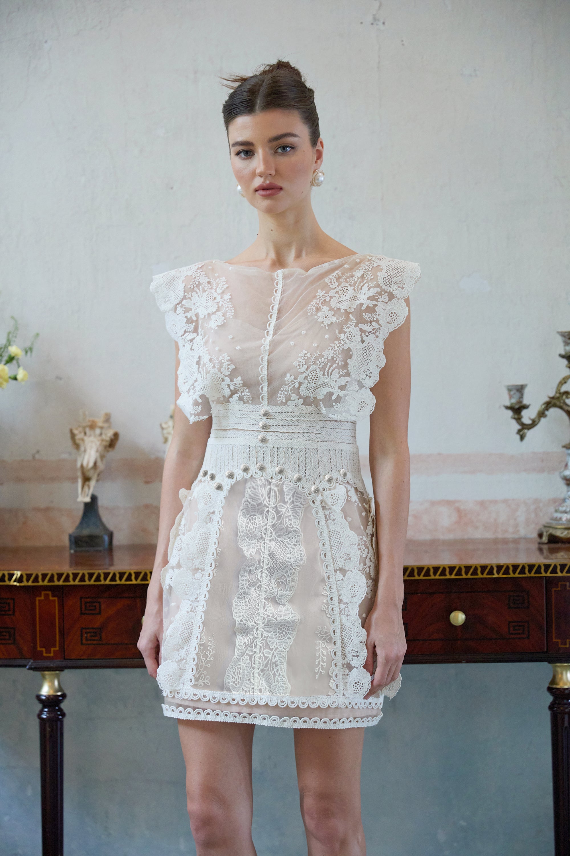 Maïa white floral-embroidered lace mini dress