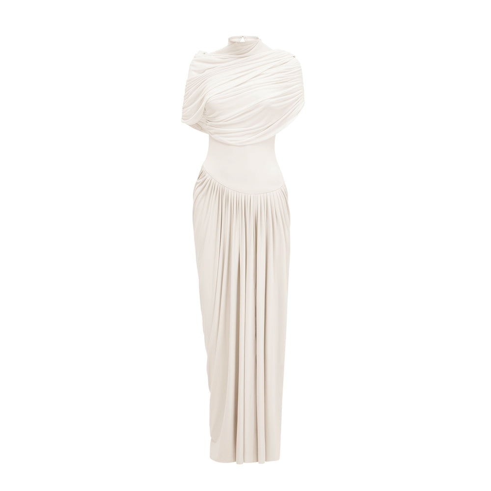 Asymmetrical Maxi Dress with Long Sleeves and Side Draping - White main image 0