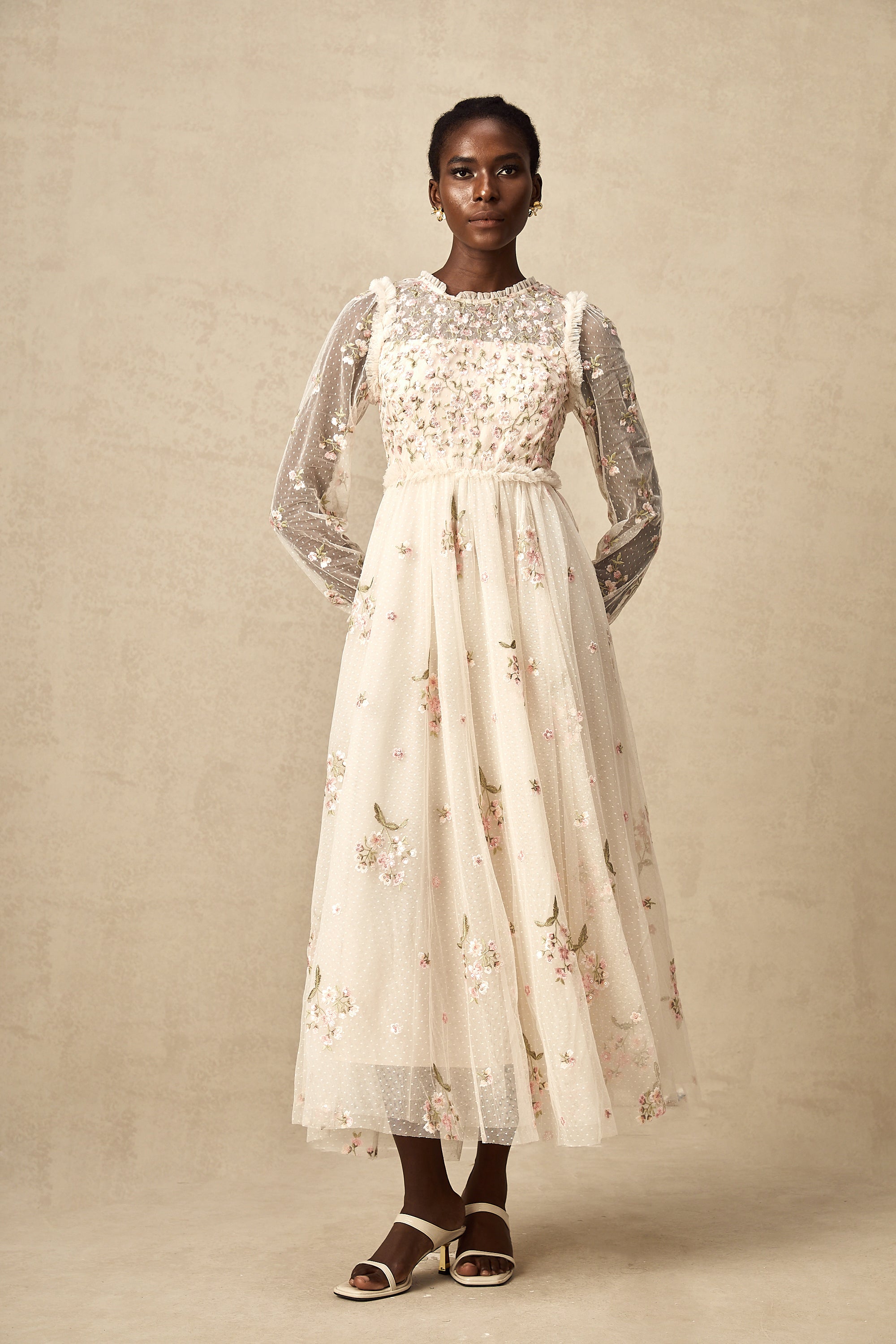 Celine floral-embroidery tulle midi dress