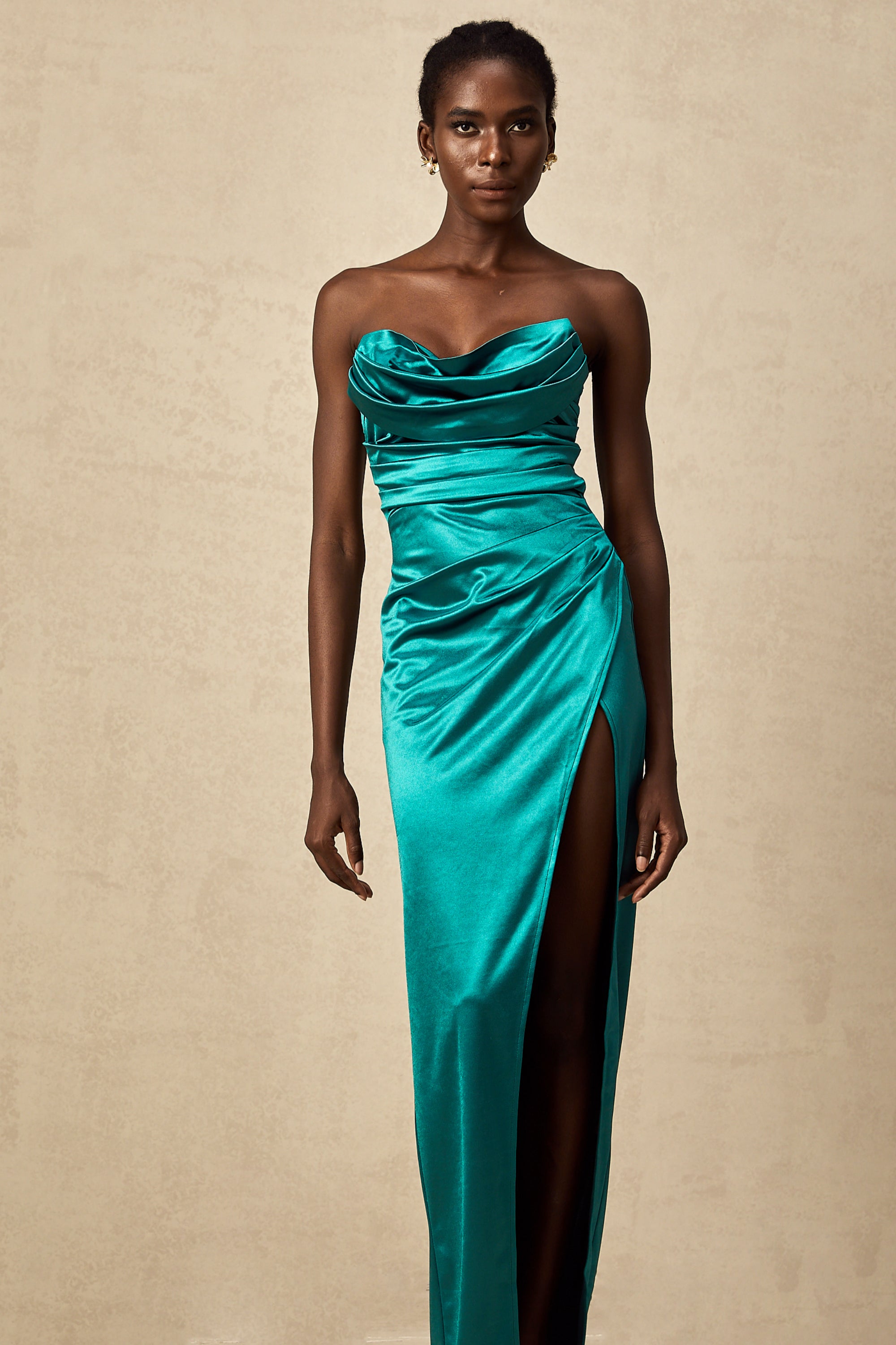 Capucine green satin pleated maxi dress