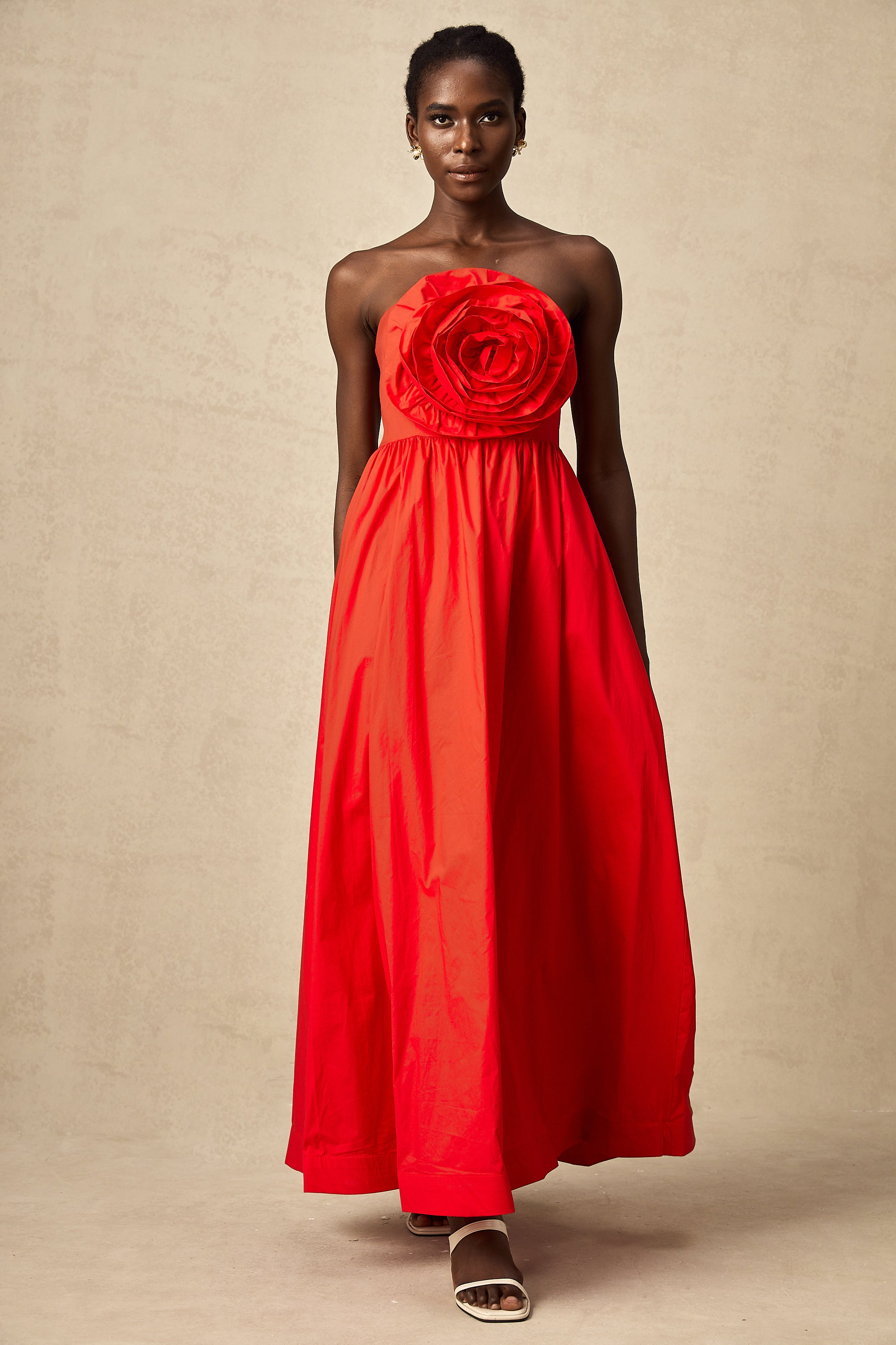 Assia red 3d-petal ruffled maxi dress