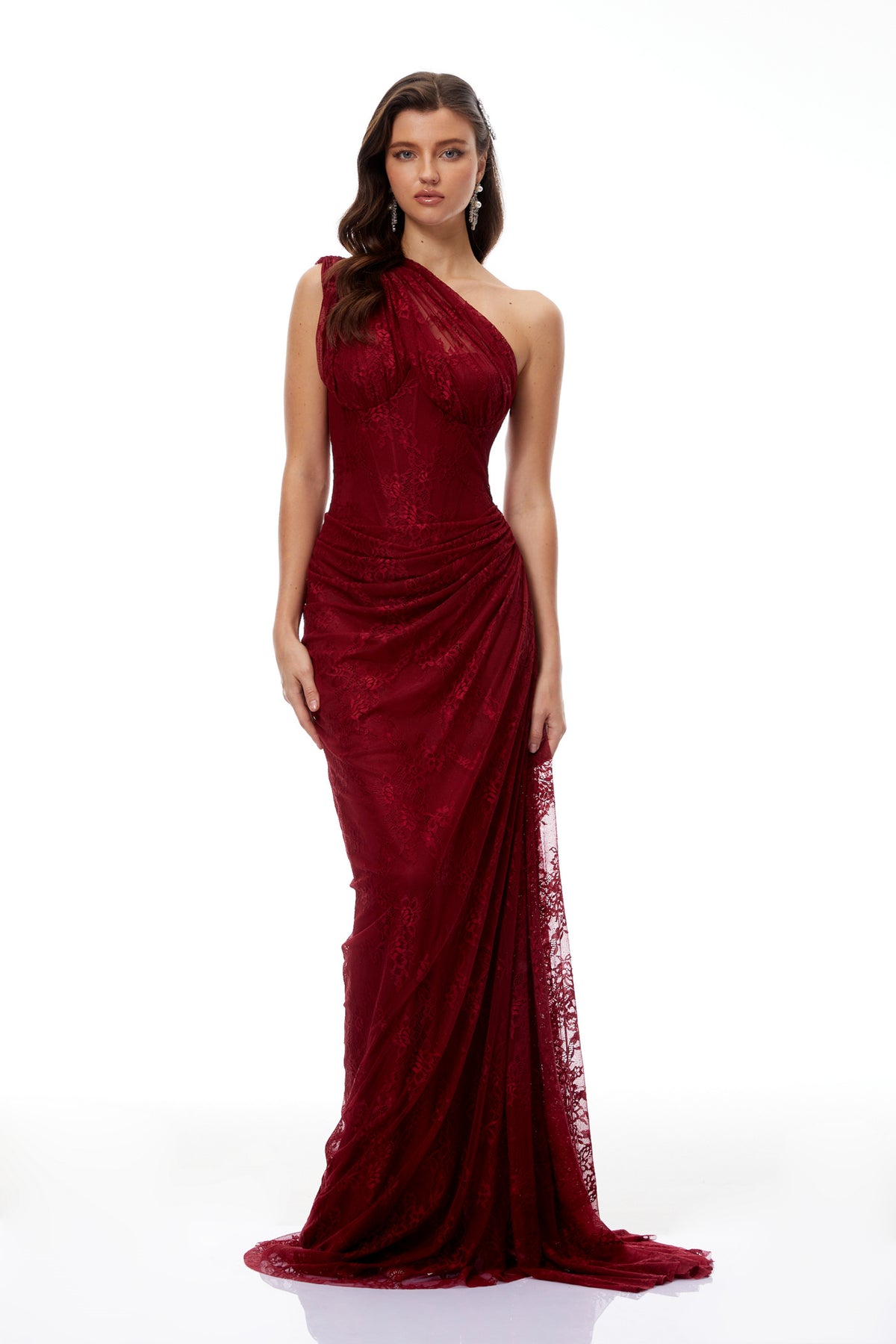 Stefania Ruby Red Floral Lace Maxi Gown, M / Red