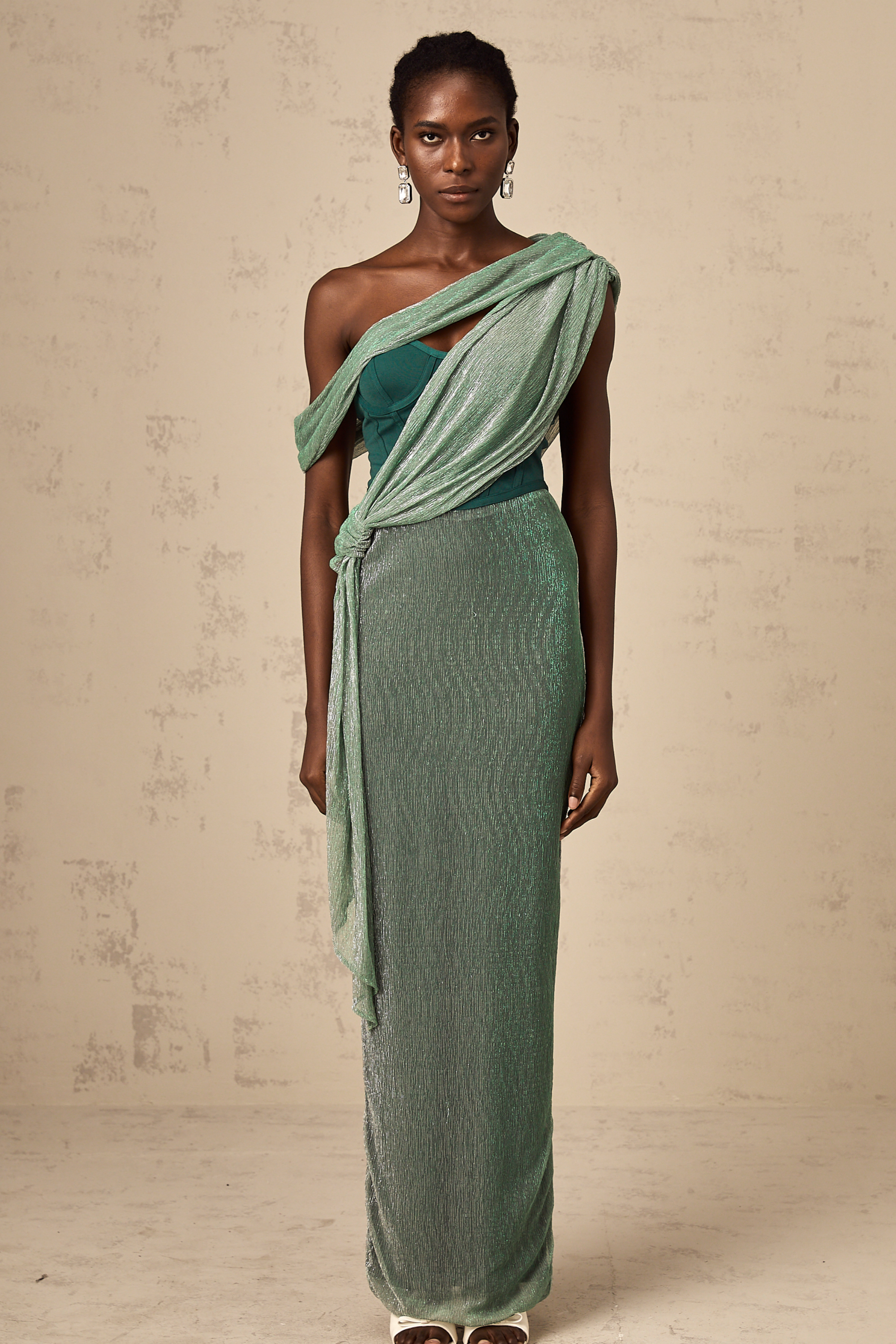 Delphine green ribbon-design corset maxi dress