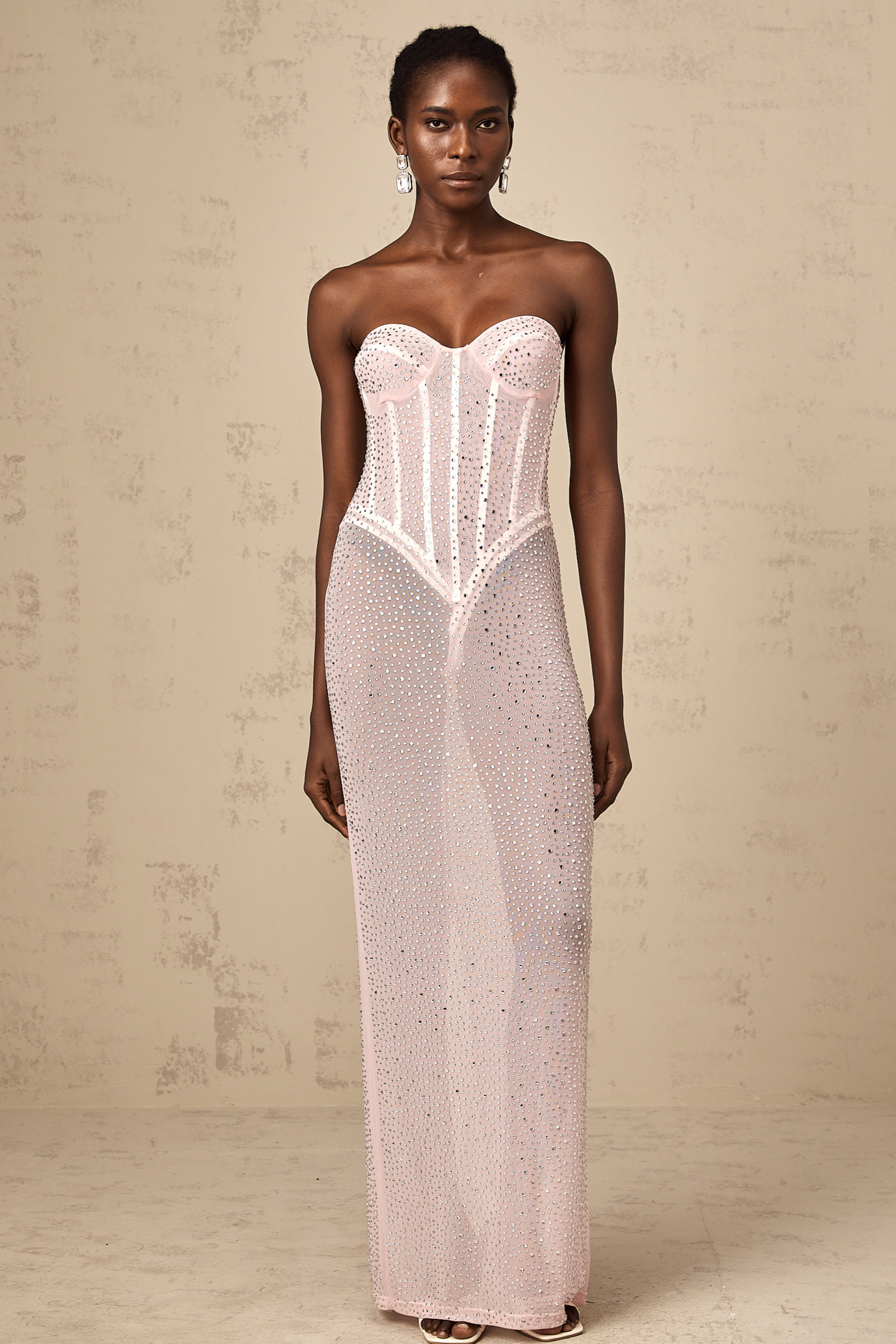 Donatella pink rhinestone-embellished semi-sheer maxi dress