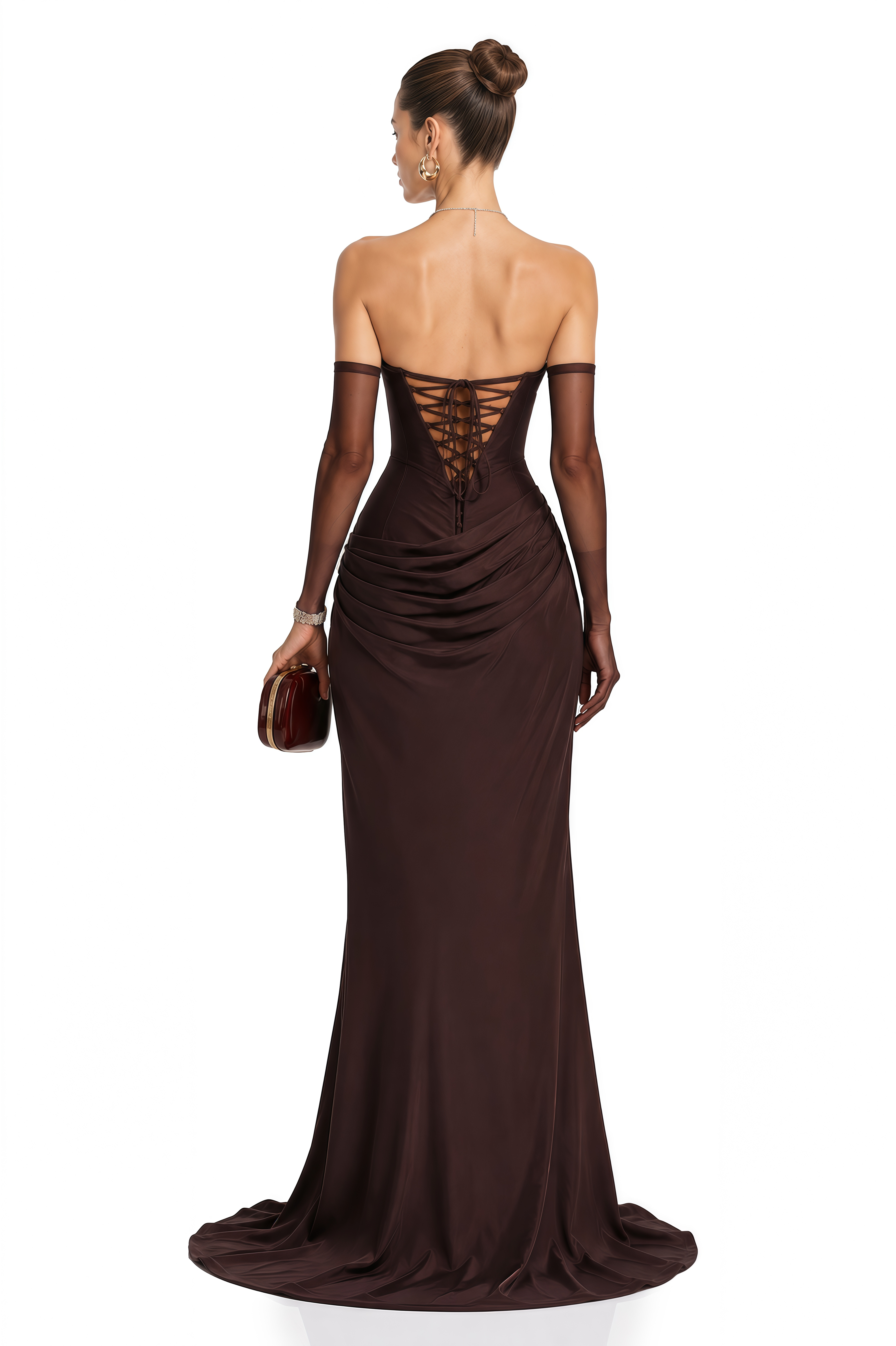 Vedette Brown Ruched Corset Maxi Dress (Without Gloves)