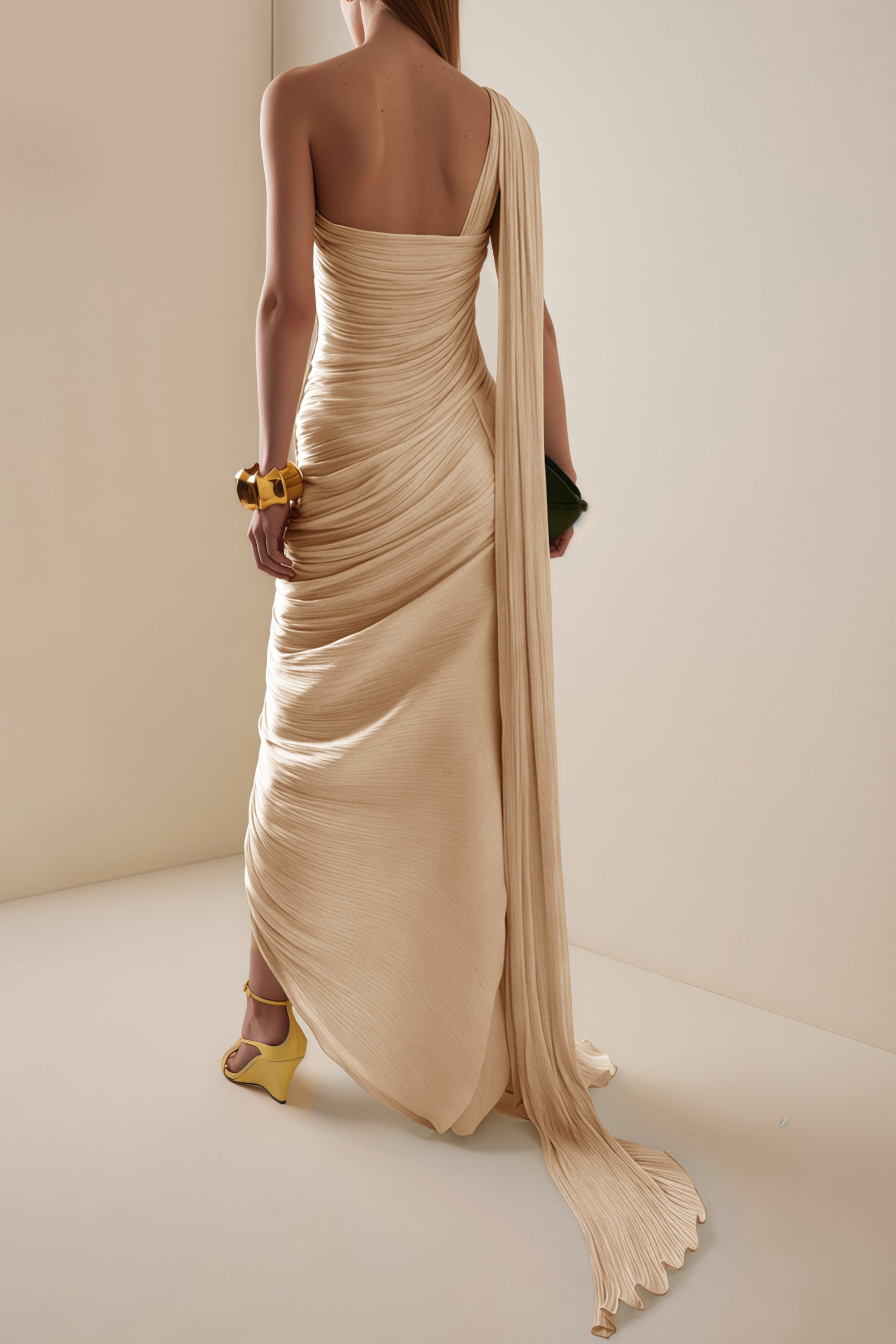 Meissa Neutral Asymmetrical Ruched Maxi Dress