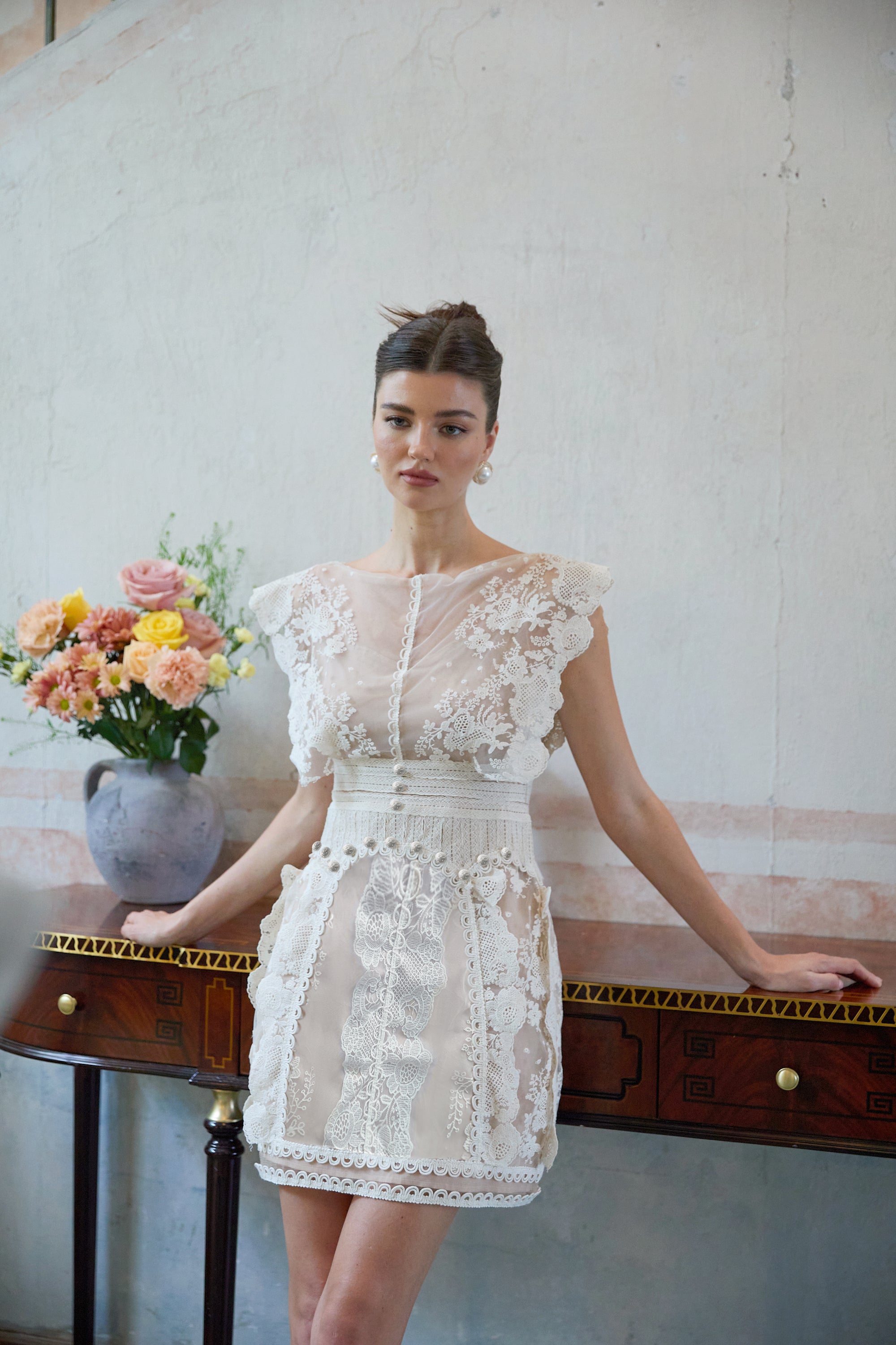 Maïa white floral-embroidered lace mini dress